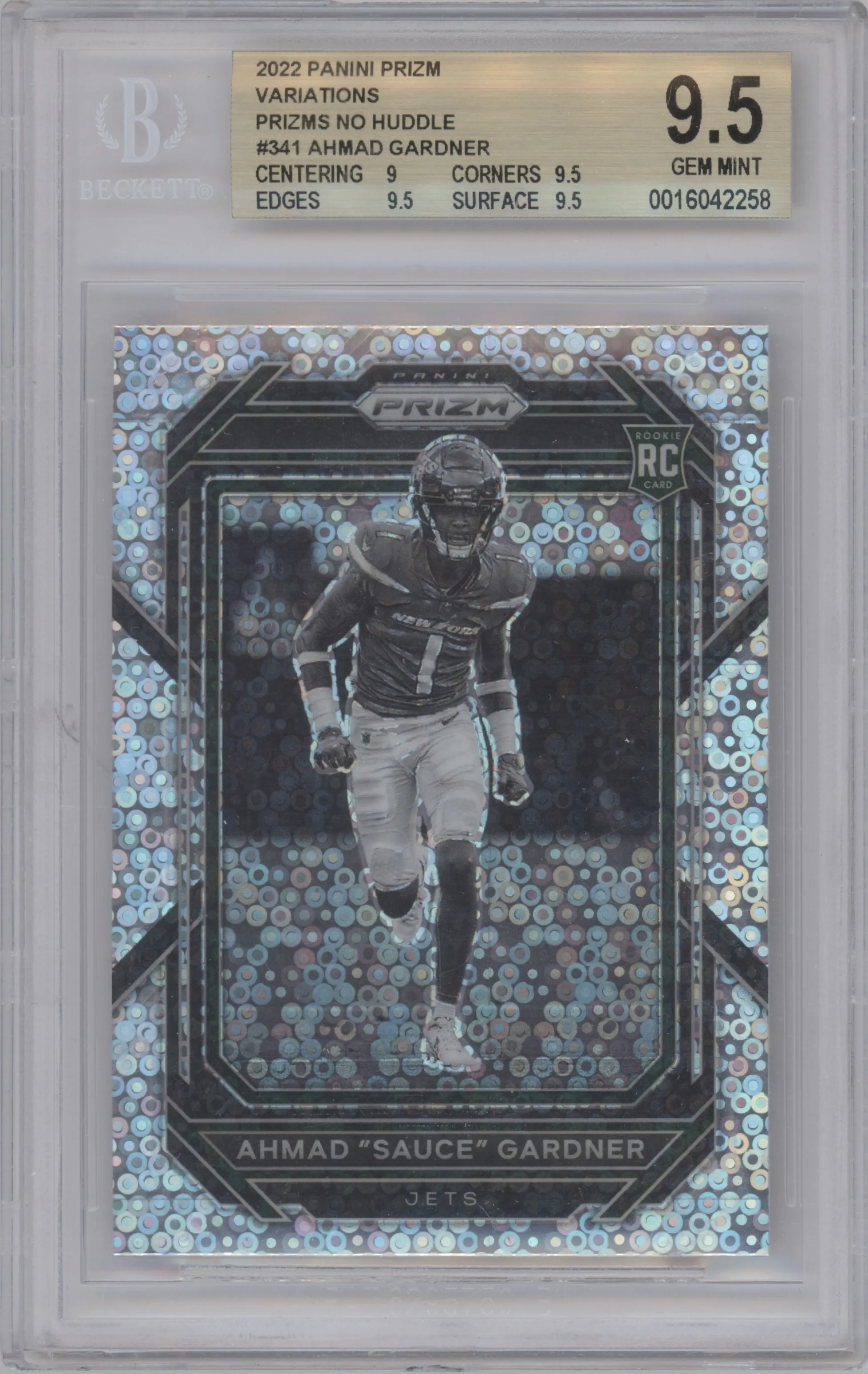 Ahmad "Sauce" Gardner from the 2022 Panini Prizm set featuring a No Huddle  parallel graded by Beckett and given an overall grade of 9.5.