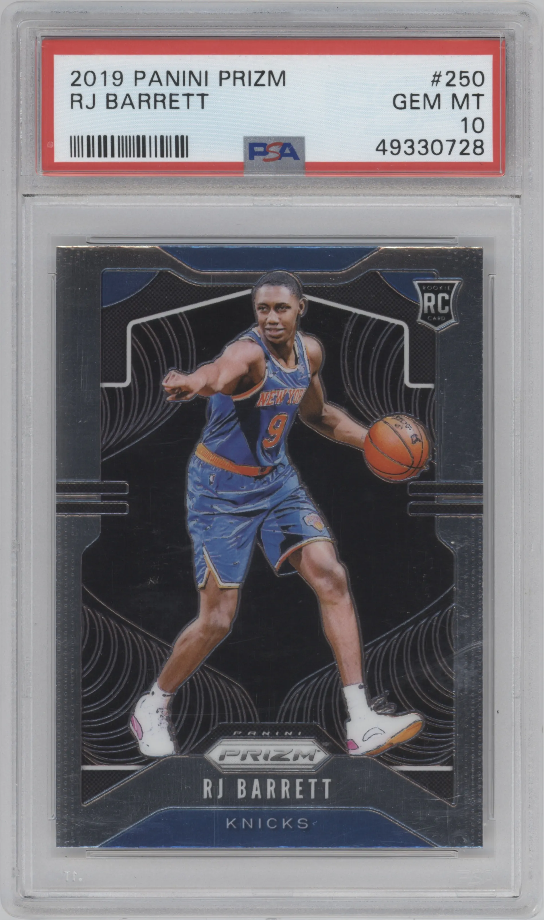 RJ Barrett from the 2019-20 Panini Prizm set graded by PSA and given an overall grade of 10.