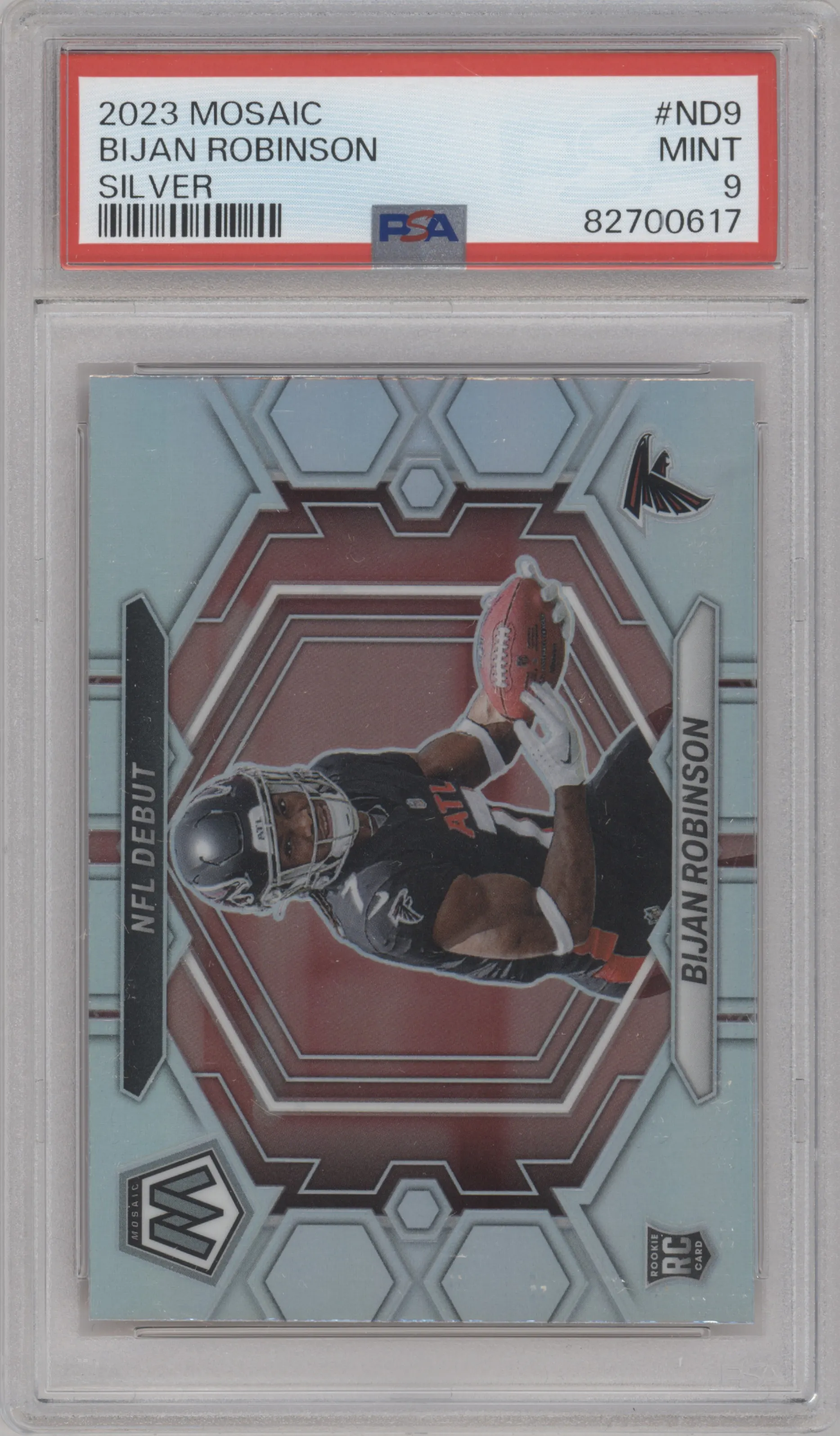 Bijan Robinson from the 2023 Panini Mosaic set featuring a Silver parallel graded by PSA and given an overall grade of 9.