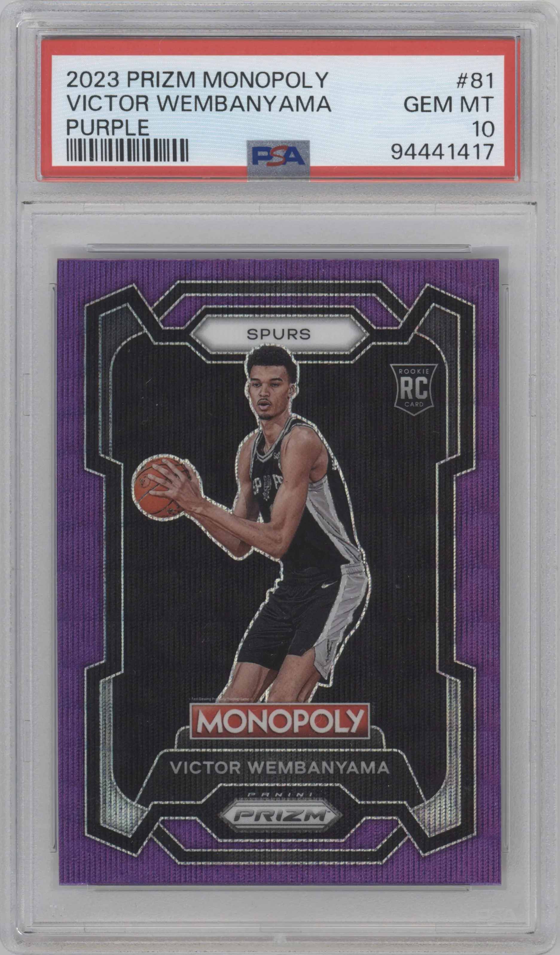 Victor Wembanyama from the 2023-24 Panini Prizm Monopoly set featuring a Purple  parallel graded by PSA and given an overall grade of 10.