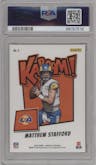 Matthew Stafford from the 2023 Panini Absolute set featuring a Gold parallel graded by PSA and given an overall grade of 8.