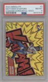 Matthew Stafford from the 2023 Panini Absolute set featuring a Gold parallel graded by PSA and given an overall grade of 8.