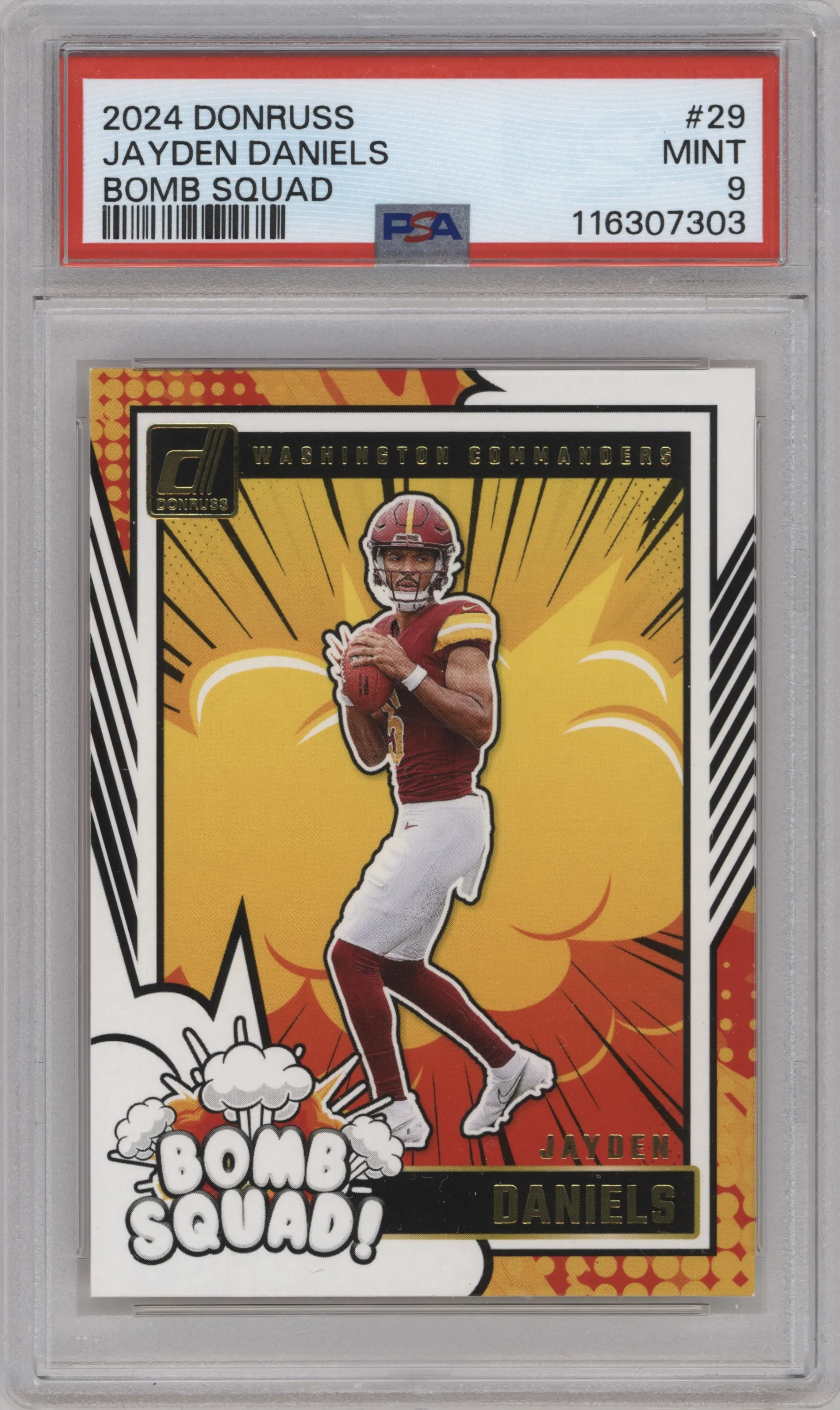 Jayden Daniels from the 2024 Donruss set graded by PSA and given an overall grade of 9.