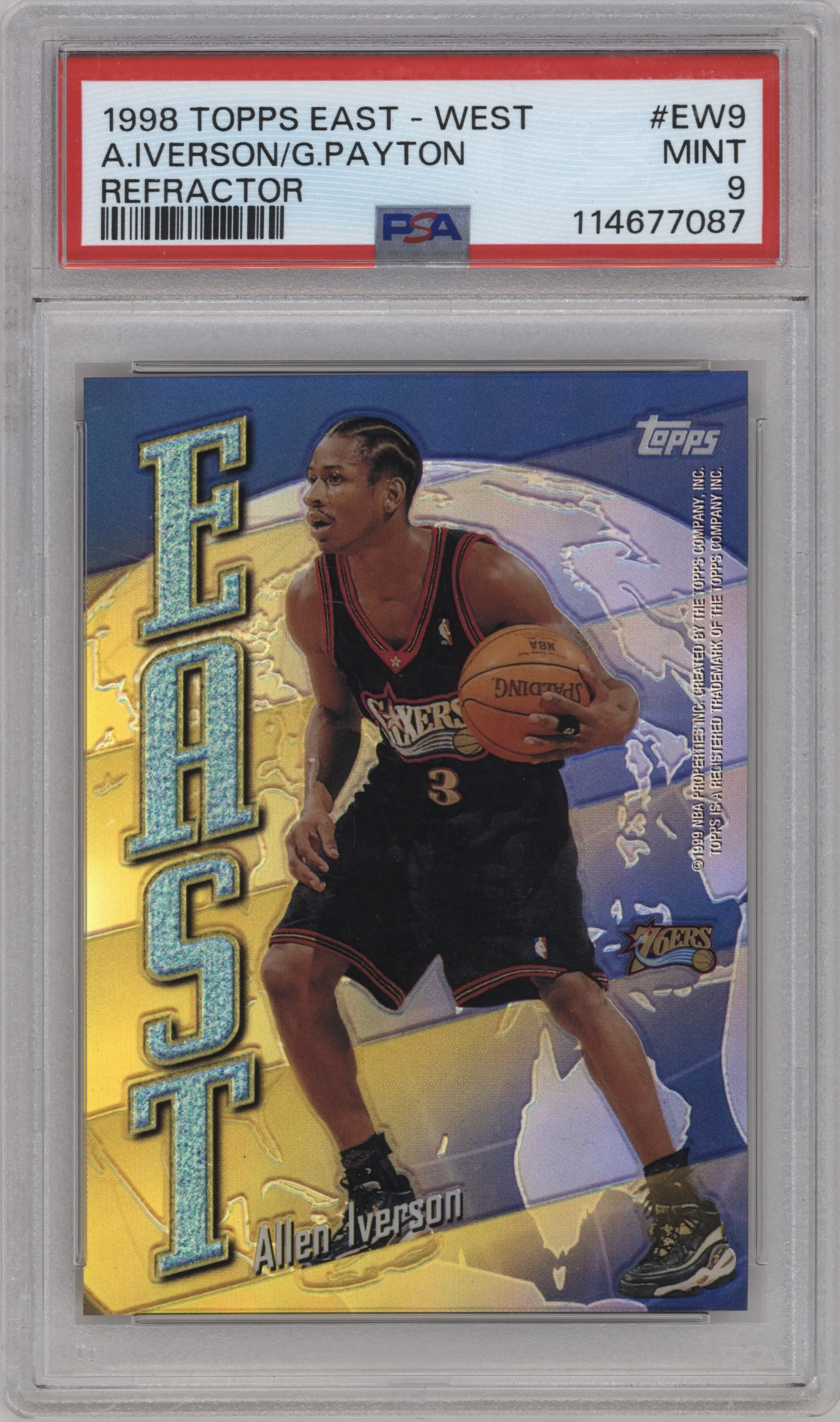 Allen Iverson/Gary Payton from the 1998-99 Topps set featuring a Refractor parallel graded by PSA and given an overall grade of 9.