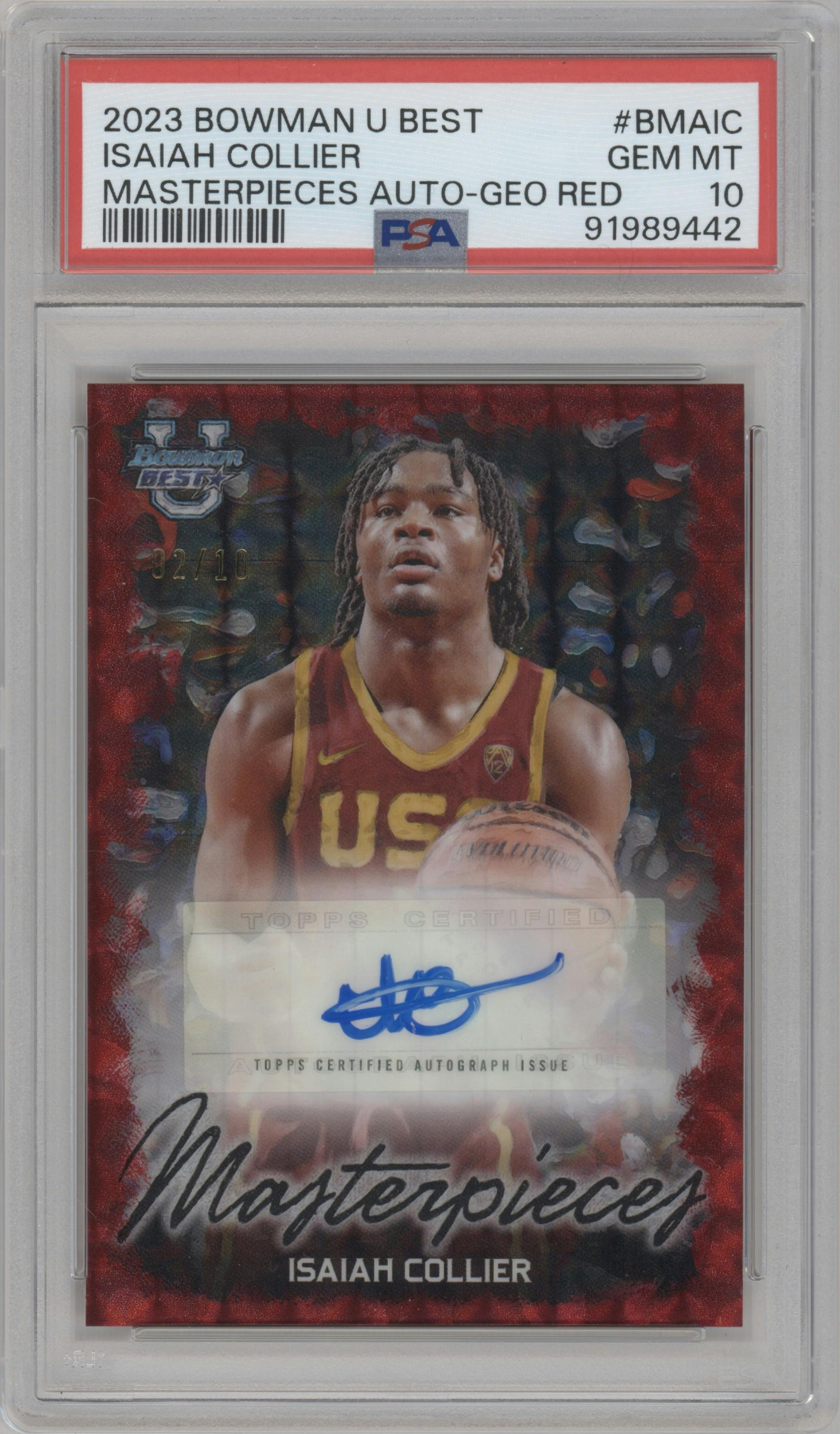 Isiah Collier from the 2023-24 Bowman Best University set featuring a Geometric Red Refractor parallel graded by PSA and given an overall grade of 10.