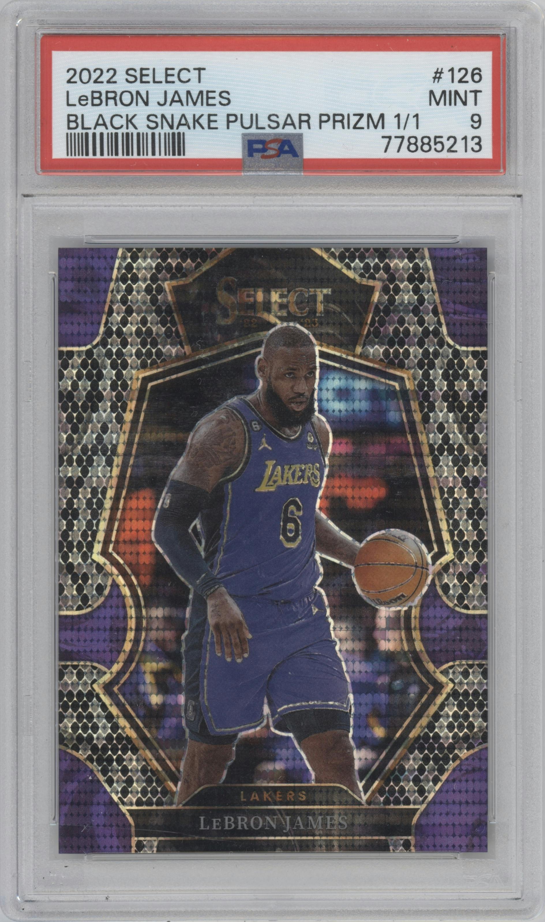 LeBron James from the 2022-23 Panini Select set featuring a Black Snakeskin Pulsar FOTL parallel graded by PSA and given an overall grade of 9.