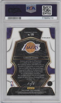 LeBron James from the 2022-23 Panini Select set featuring a Black Snakeskin Pulsar FOTL parallel graded by PSA and given an overall grade of 9.
