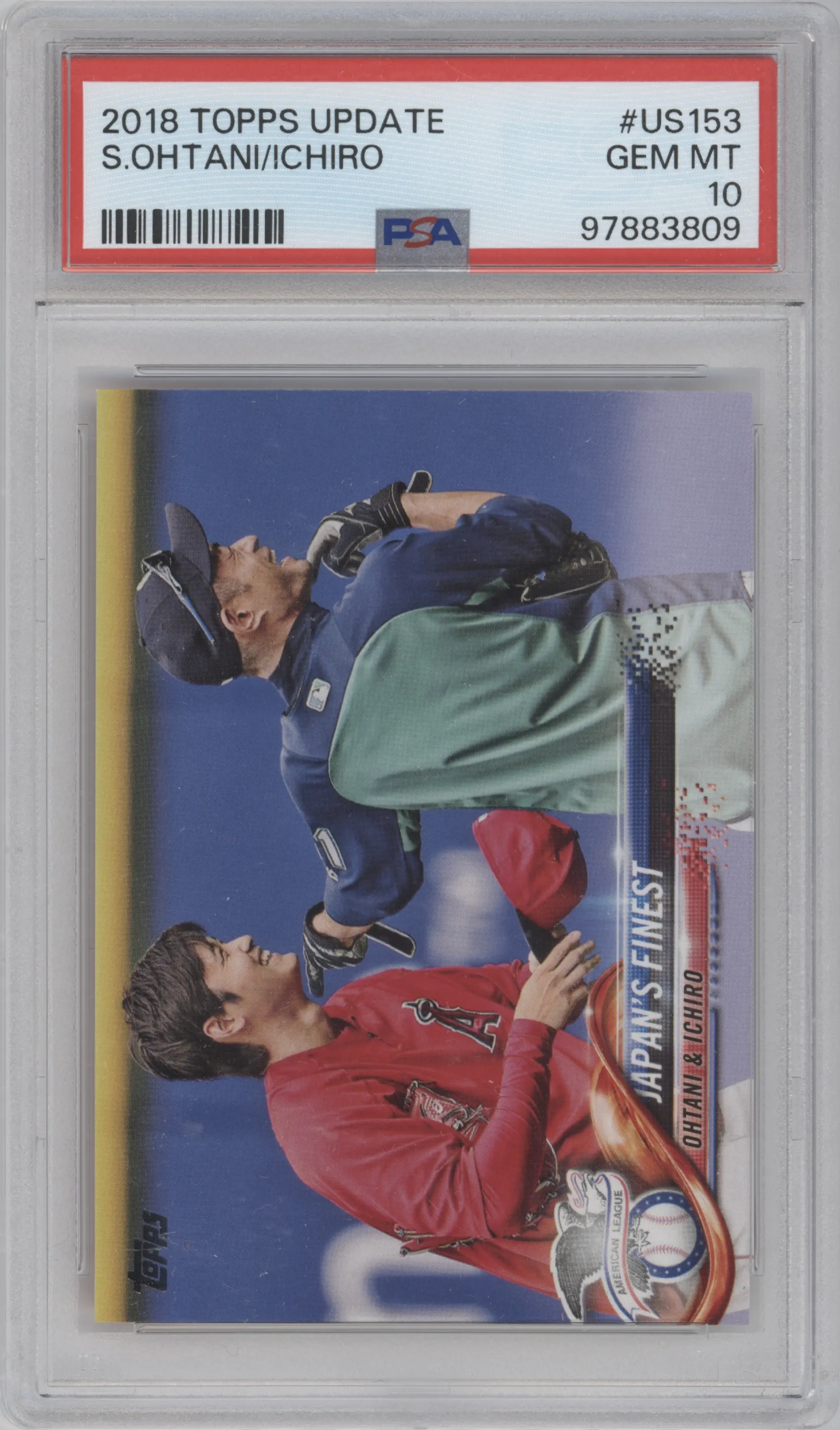Shohei Ohtani/Ichiro Suzuki from the 2018 Topps Update set graded by PSA and given an overall grade of 10.