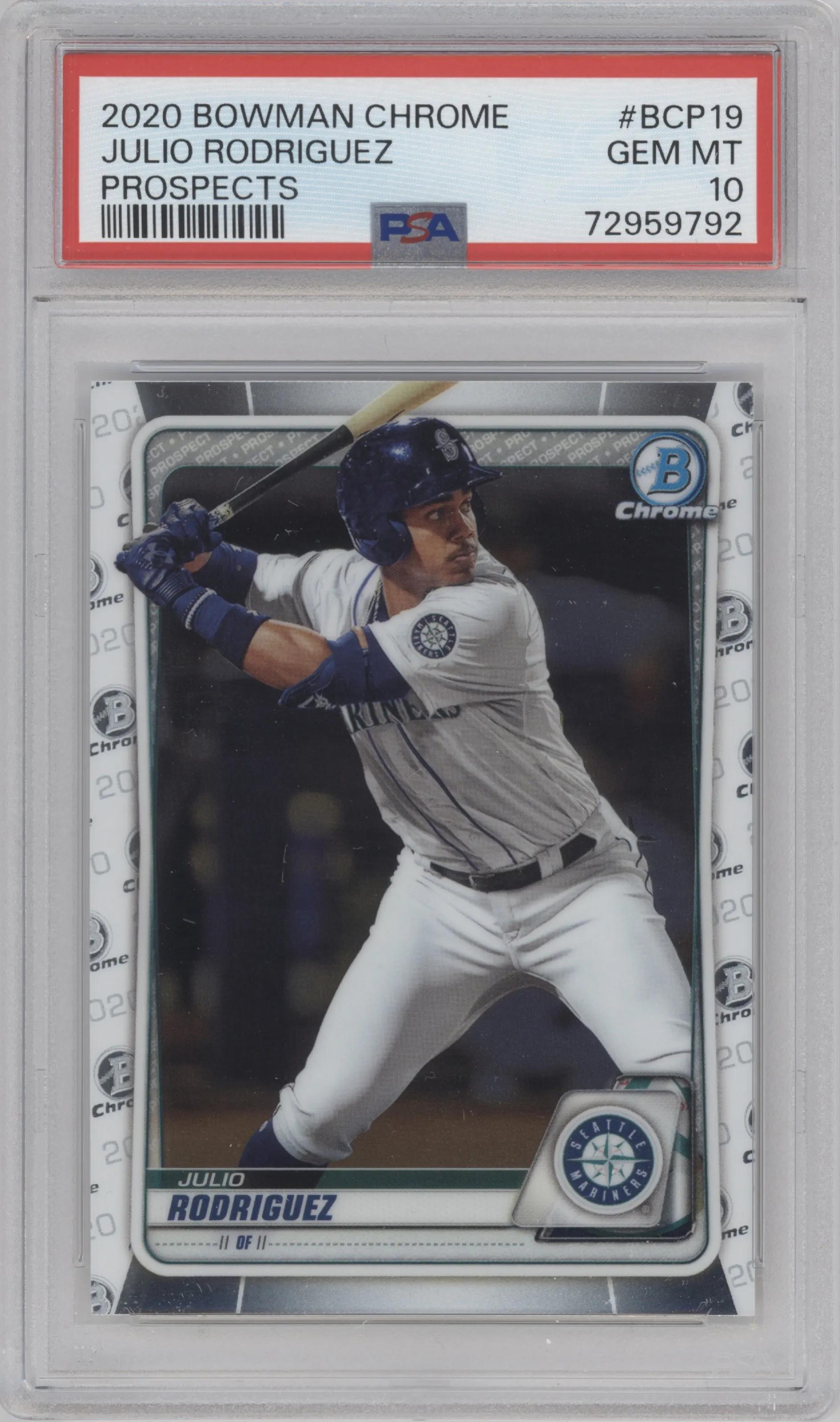 Julio Rodriguez from the 2020 Bowman set graded by PSA and given an overall grade of 10.