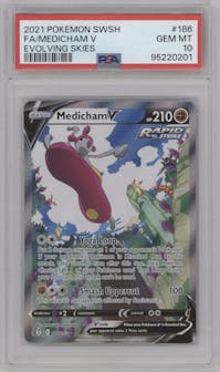 Medicham V from the 2021 Pokemon SWSH set graded by PSA and given an overall grade of 10.