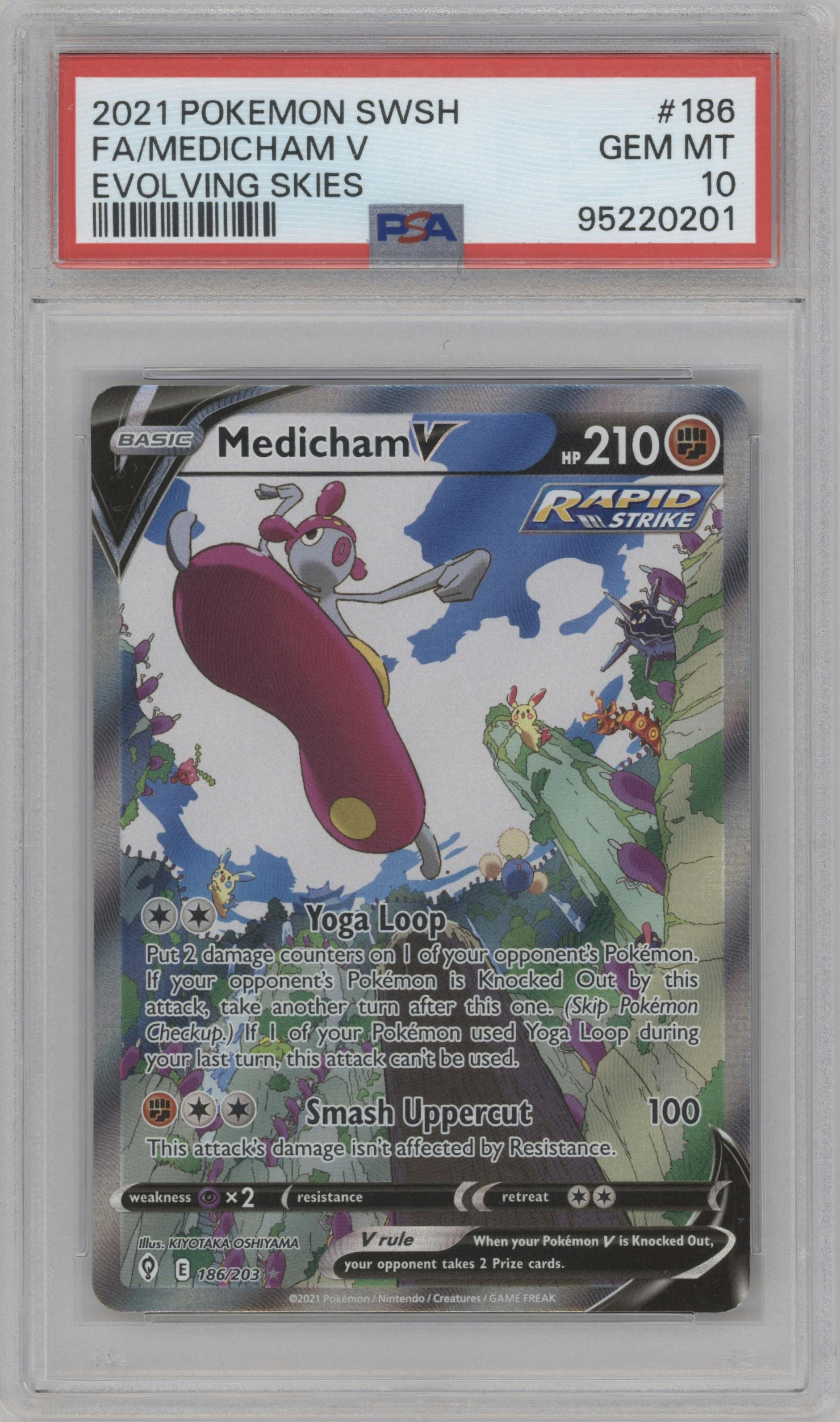 Medicham V from the 2021 Pokemon SWSH set graded by PSA and given an overall grade of 10.