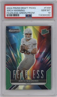 Arch Manning  from the 2024 Panini Prizm Draft Picks set featuring a Green Prizm parallel graded by PSA and given an overall grade of 10.