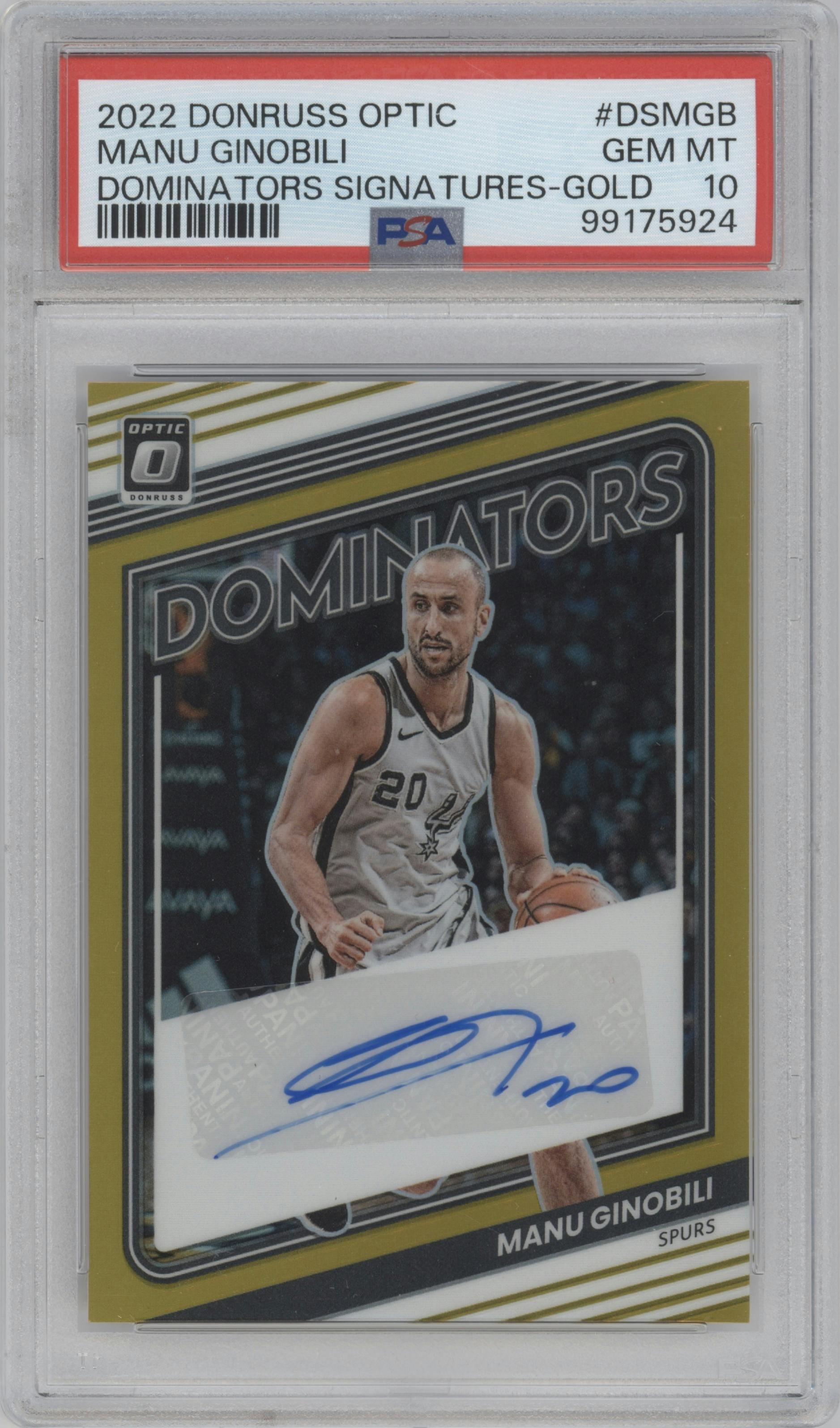 Manu Ginobili  from the 2022-23 Panini Donruss Optic  set featuring a Gold parallel graded by PSA and given an overall grade of 10.