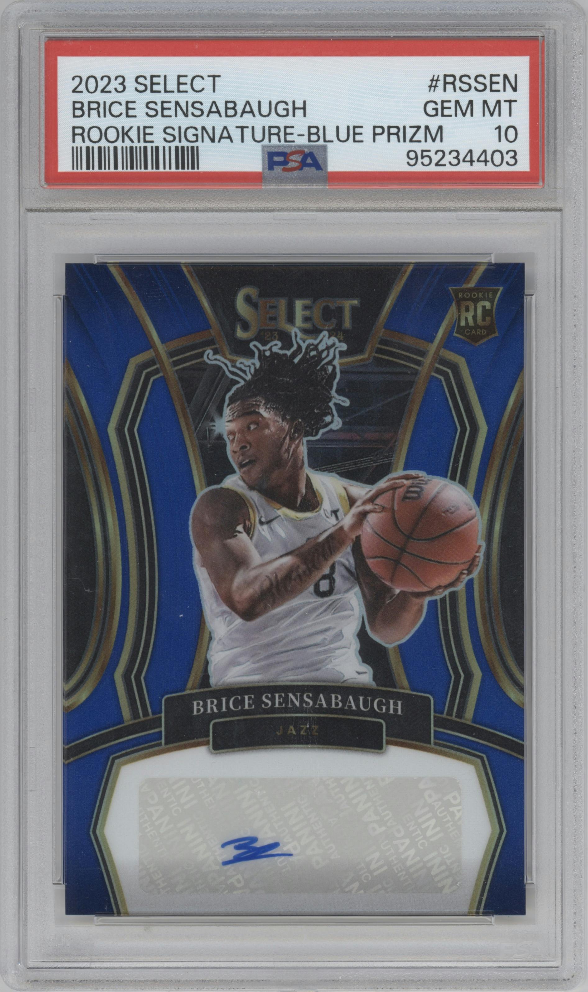 Brice Sensabaugh  from the 2023-24 Panini Select  set featuring a Blue Prizm parallel graded by PSA and given an overall grade of 10.