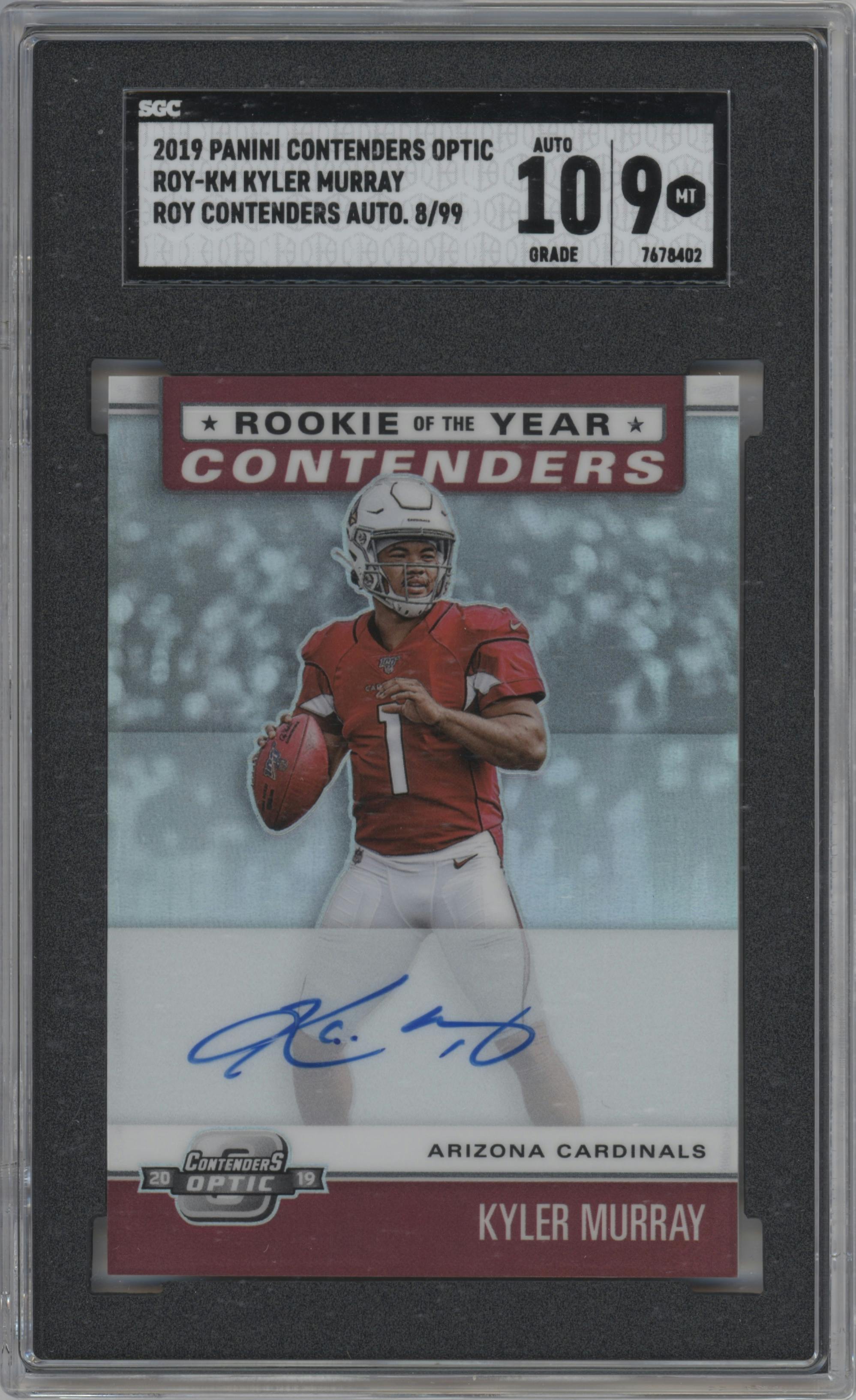 Kyler Murray from the 2019 Panini Contenders Optic set graded by SGC and given an overall grade of 9.