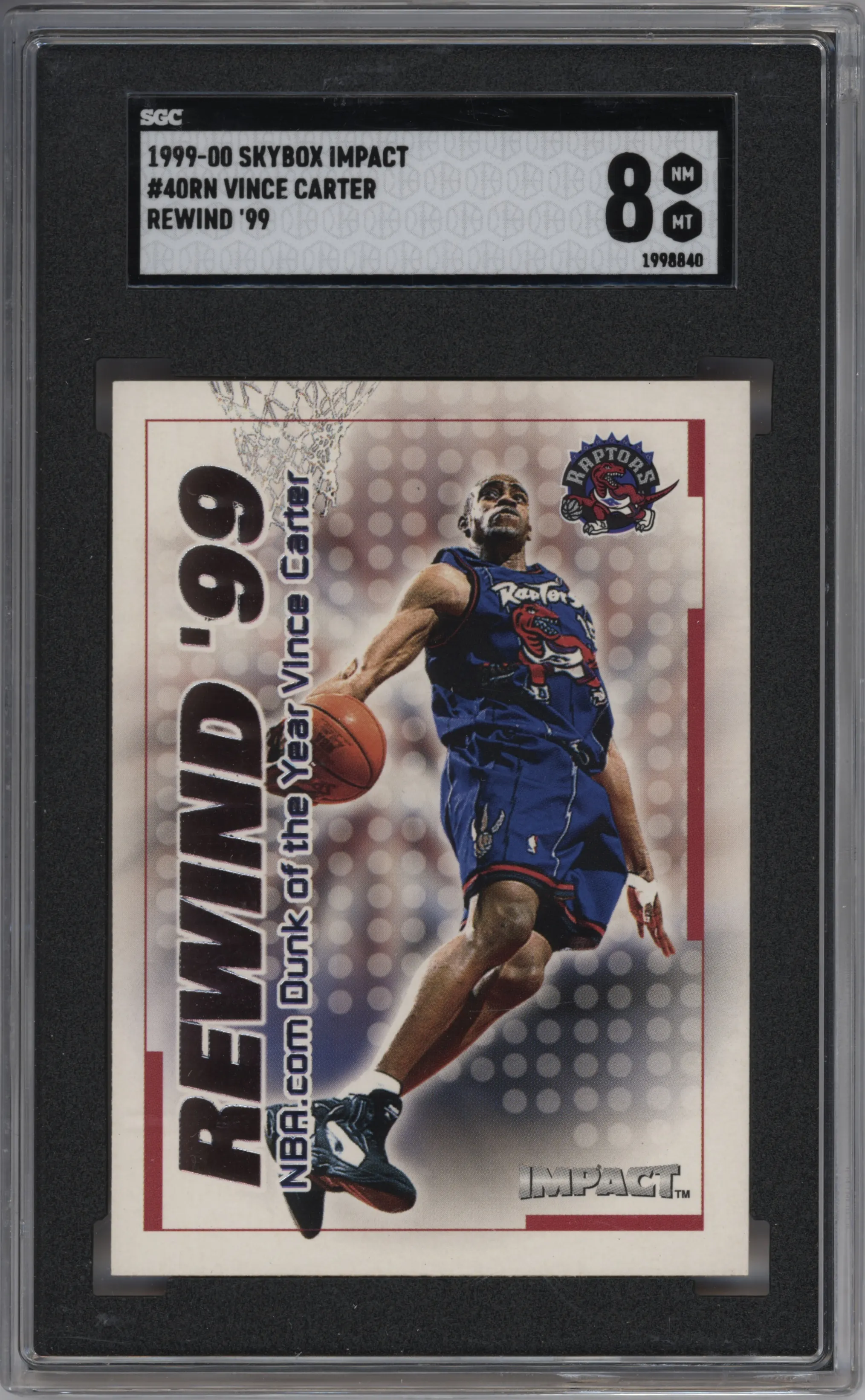 Vince Carter  from the 1999-00 SkyBox Impact set graded by SGC and given an overall grade of 8.