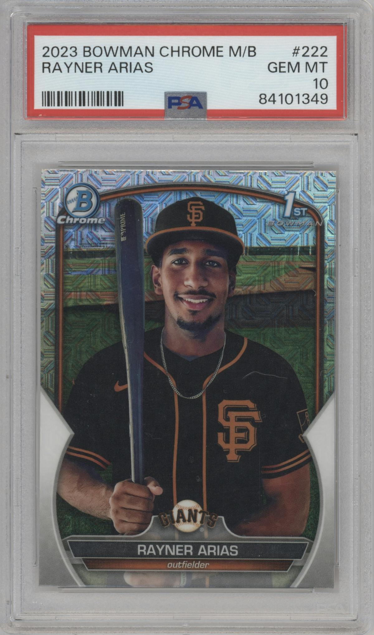 Rayner Arias from the 2023 Bowman Chrome Mega Box set graded by PSA and given an overall grade of 10.