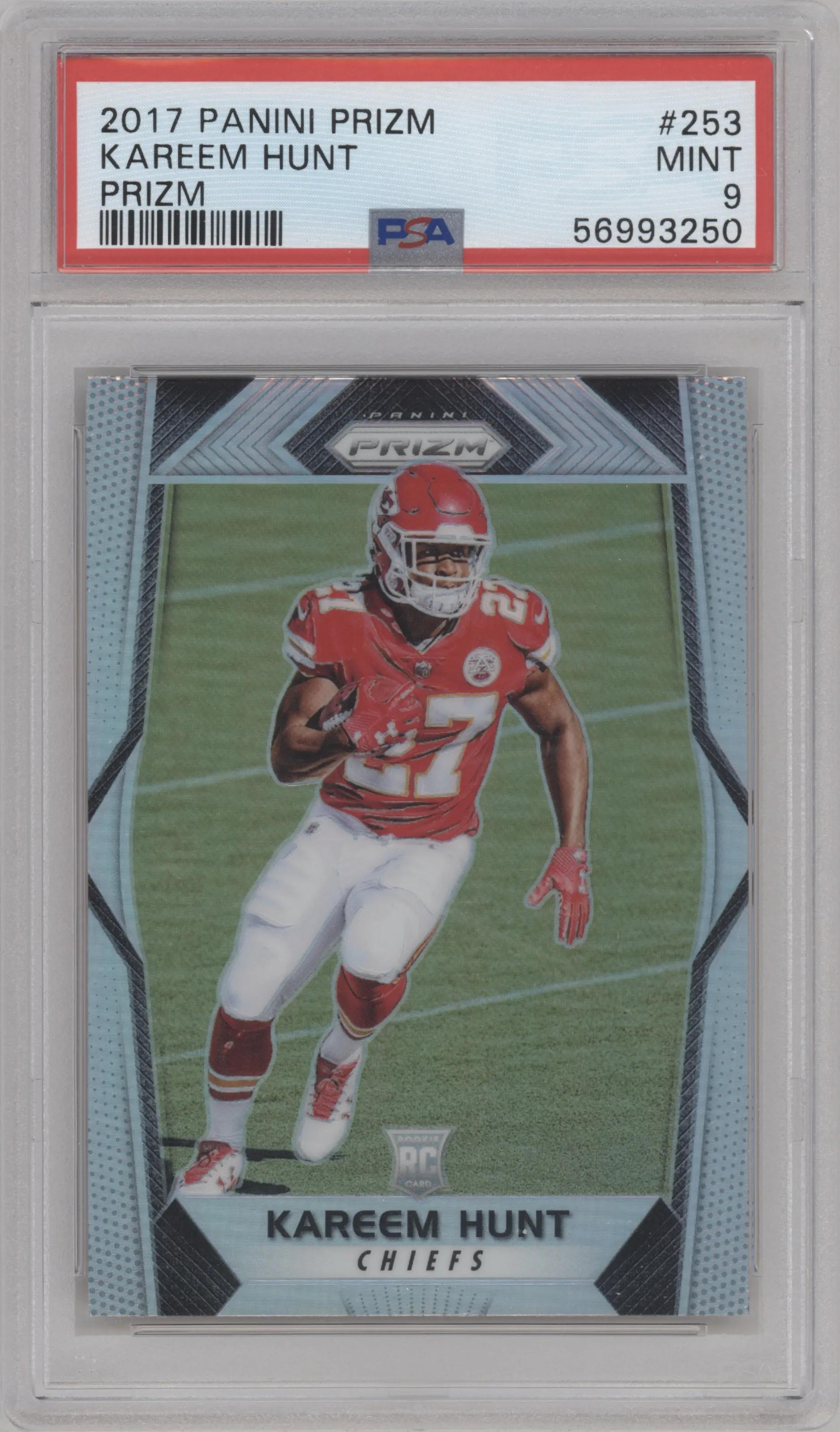 Kareem Hunt from the 2017 Panini Prizm set featuring a Prizm parallel graded by PSA and given an overall grade of 9.