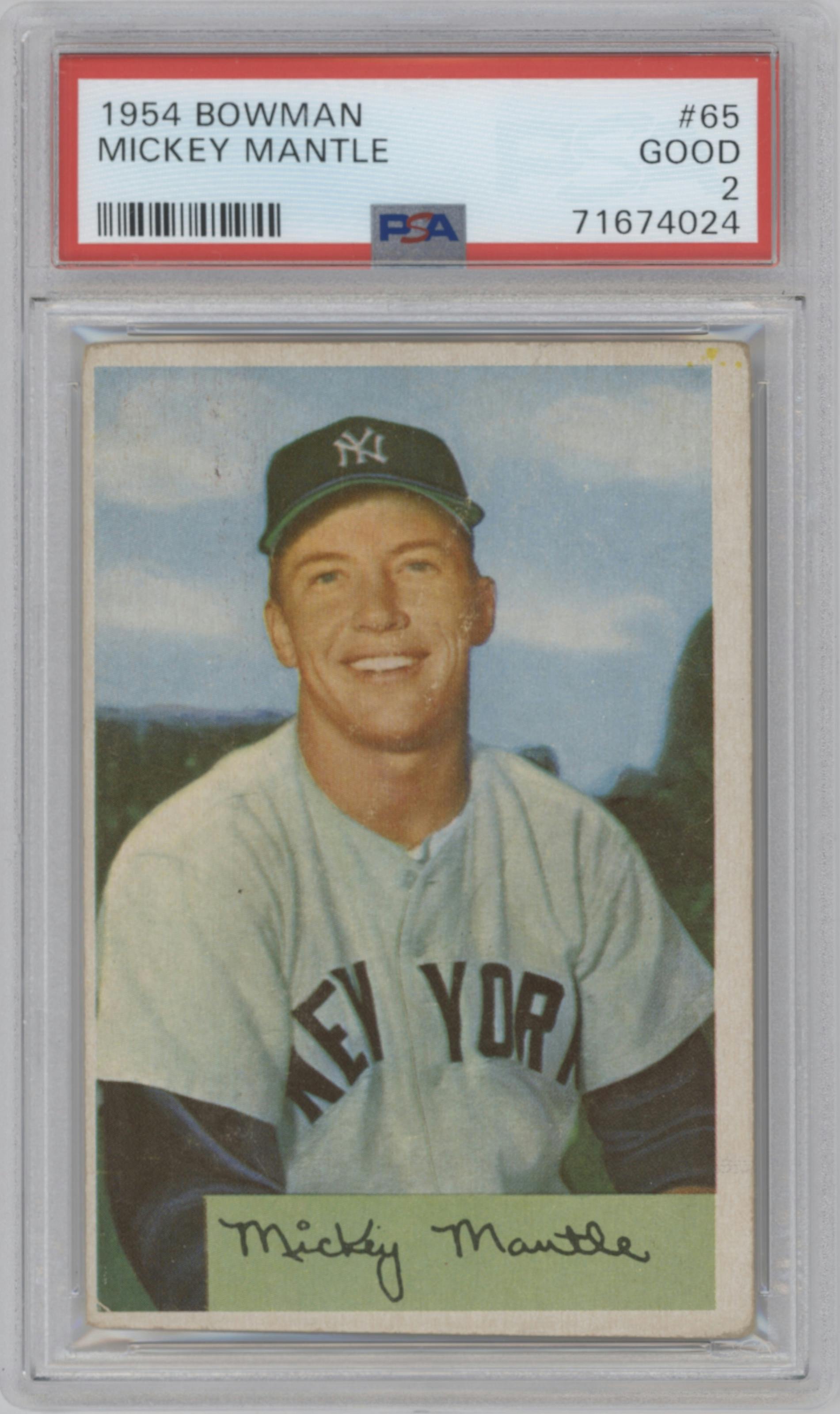 Mickey Mantle from the 1954 Bowman set graded by PSA and given an overall grade of 2.