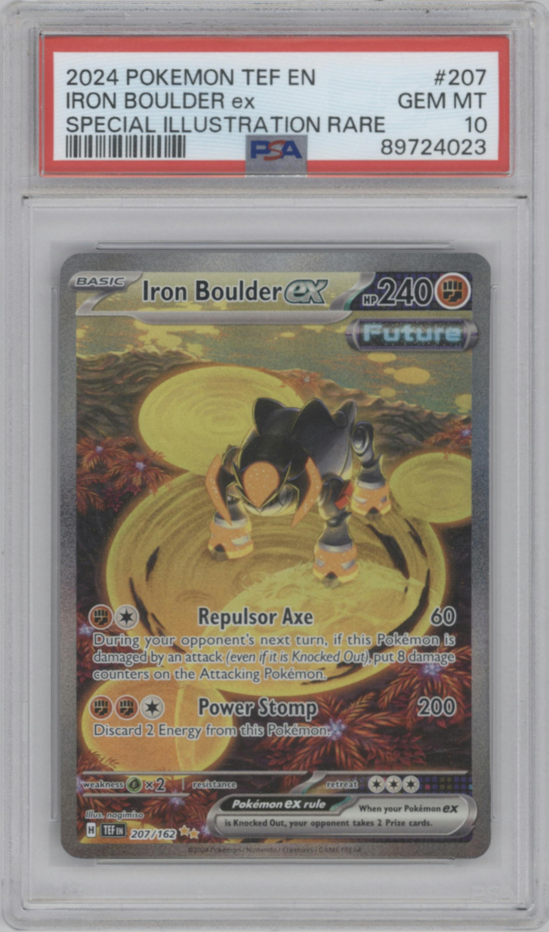 Iron Boulder ex from the 2024 Pokemon SV set graded by PSA and given an overall grade of 10.