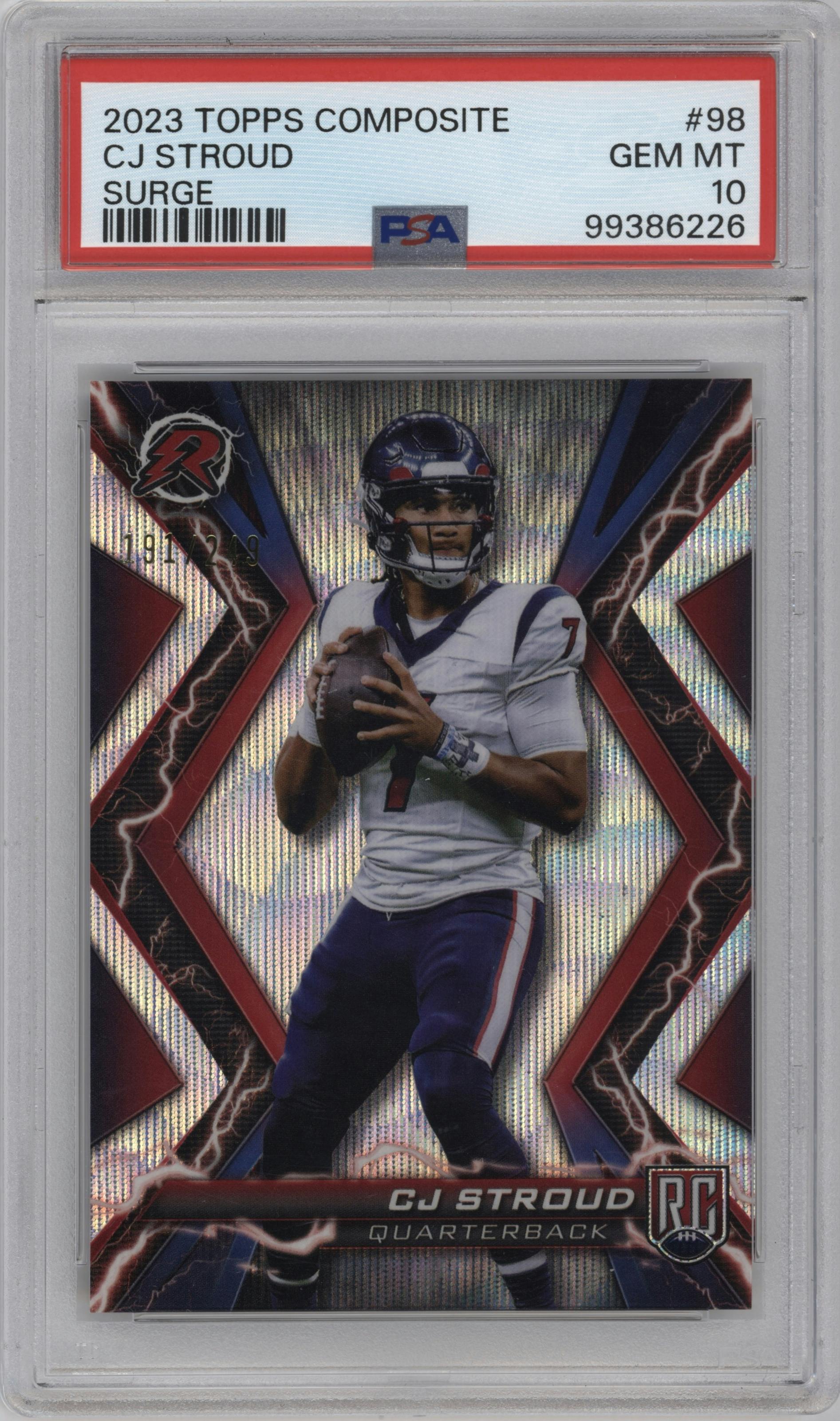 CJ Stroud from the 2023 Topps Composite set featuring a Surge parallel graded by PSA and given an overall grade of 10.