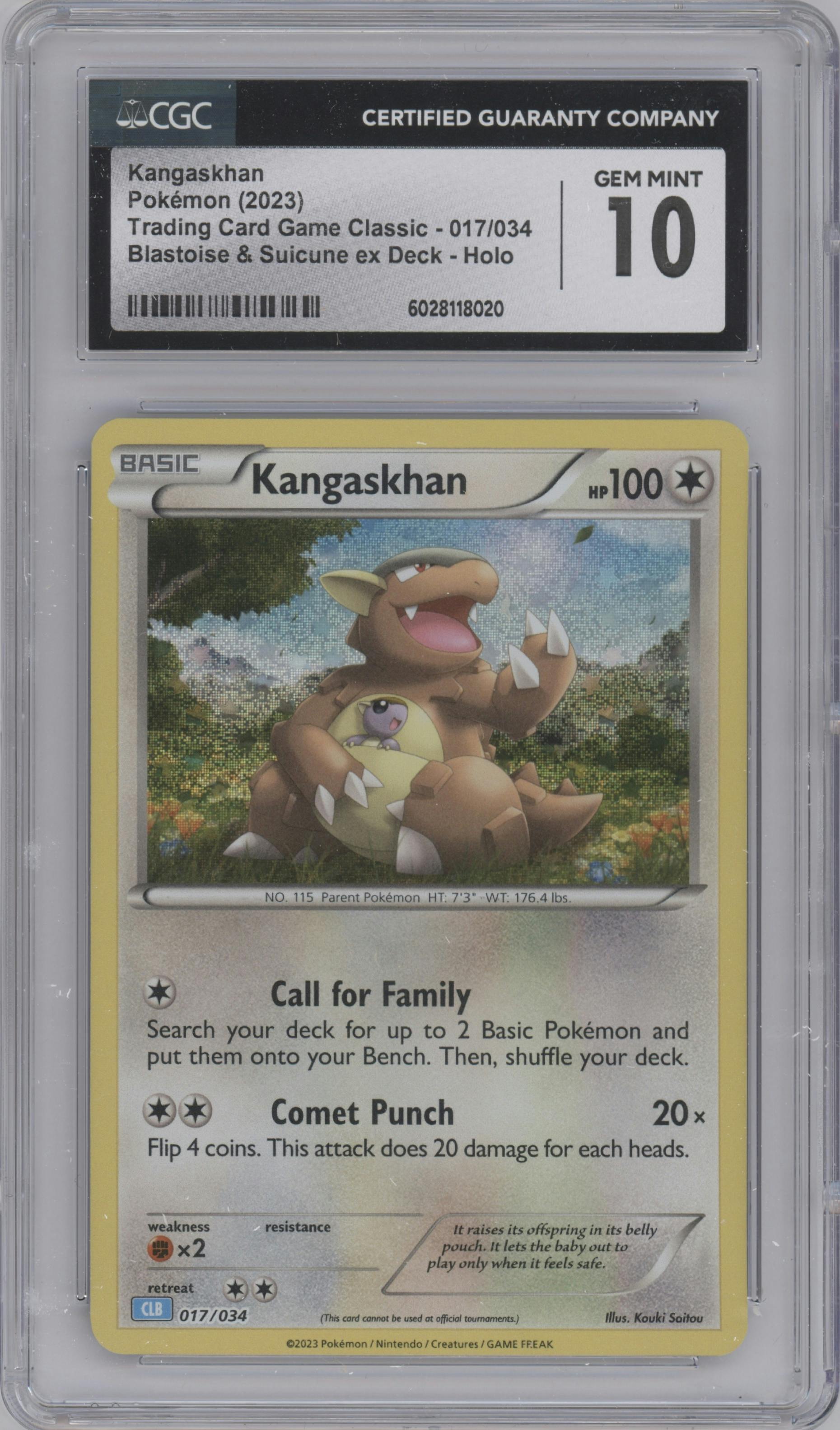 Kangaskhan from the 2023 Pokemon CLB set graded by CSG and given an overall grade of 10.