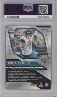 Travis Etienne Jr. from the 2024 Panini Prizm set featuring a Choice Gold parallel graded by PSA and given an overall grade of 10.