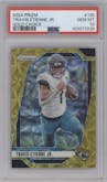 Travis Etienne Jr. from the 2024 Panini Prizm set featuring a Choice Gold parallel graded by PSA and given an overall grade of 10.