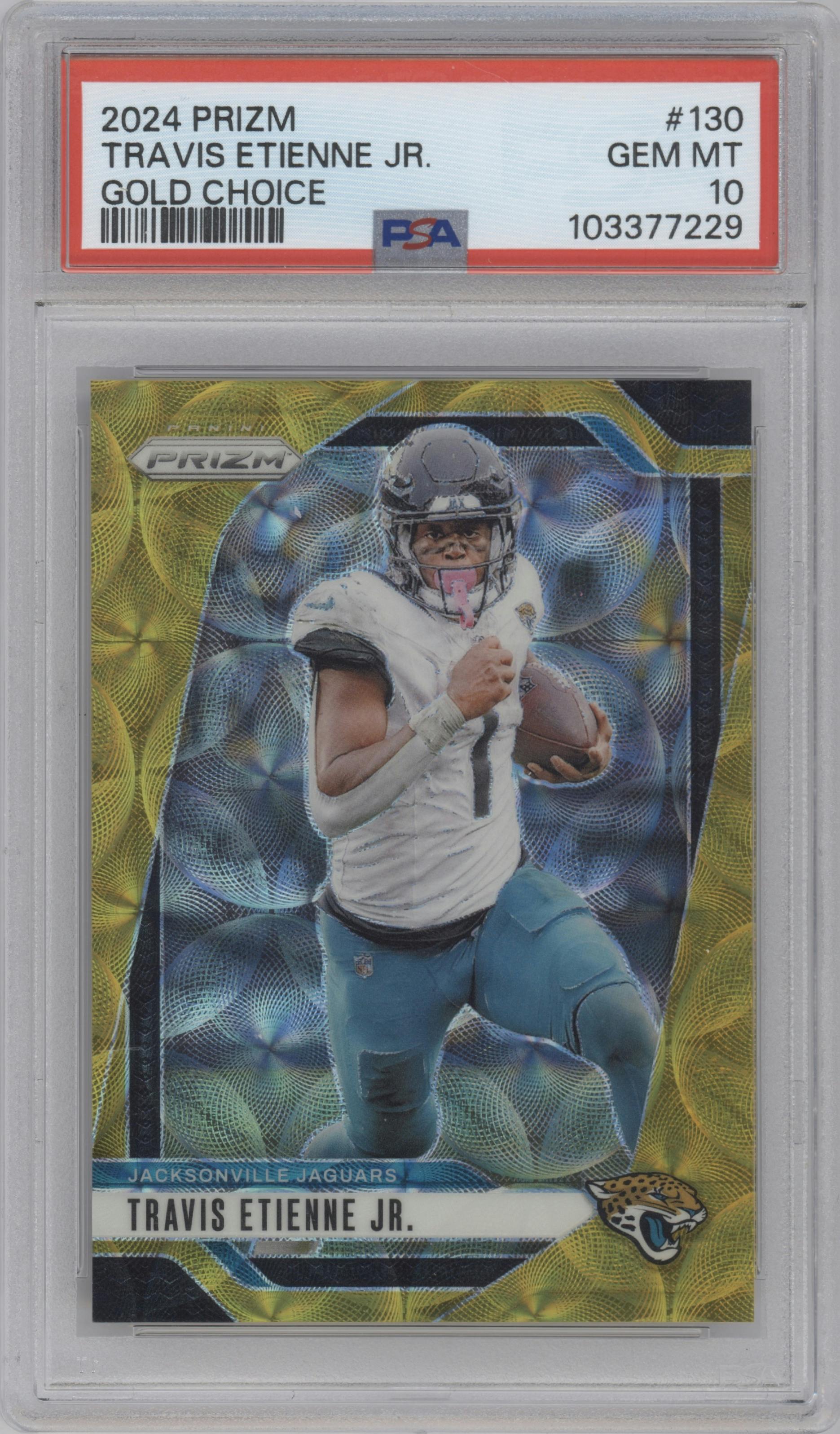 Travis Etienne Jr. from the 2024 Panini Prizm set featuring a Choice Gold parallel graded by PSA and given an overall grade of 10.