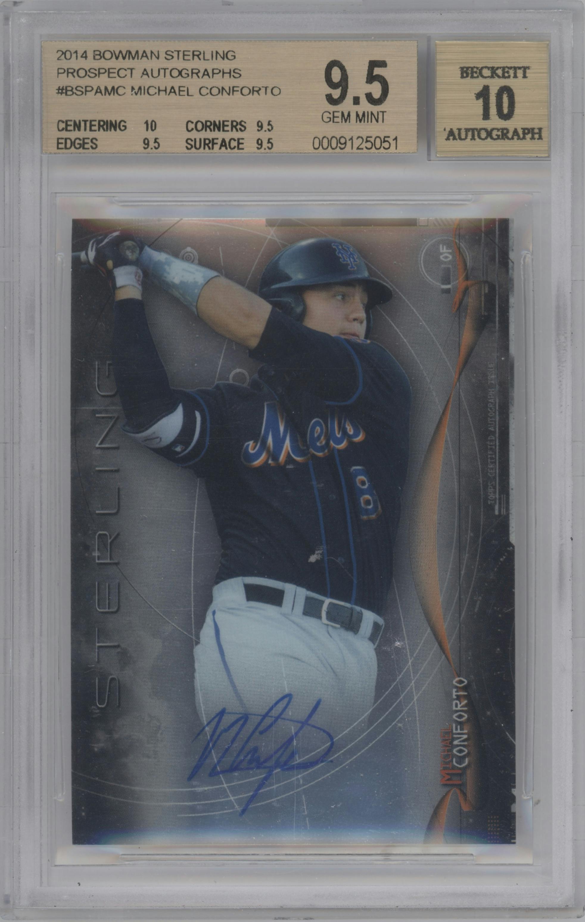 Michael Conforto from the 2014 Bowman Sterling set graded by Beckett and given an overall grade of 9.5.