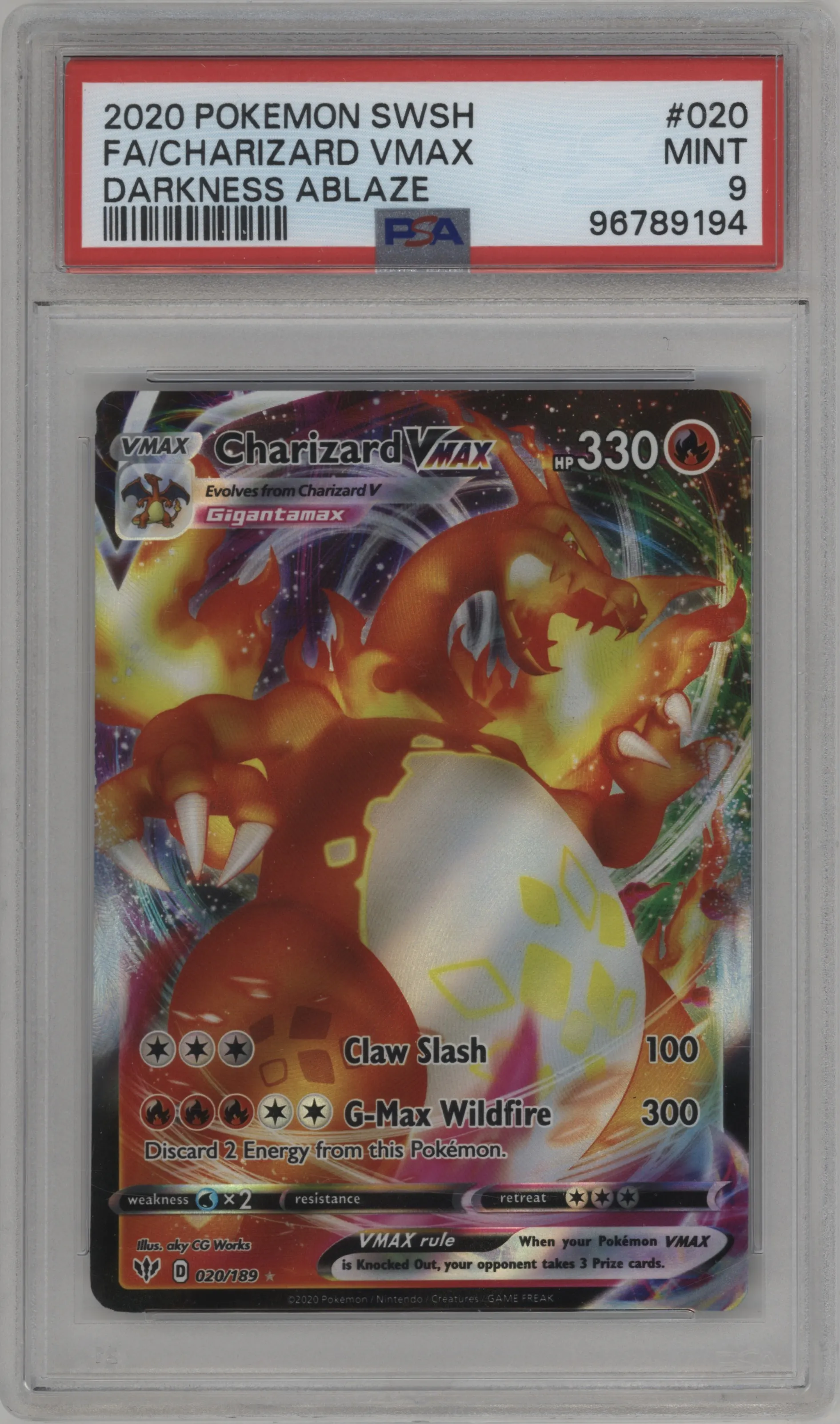 2020 Pokemon SWSH Darkness Ablaze Charizard VMAX PSA 9