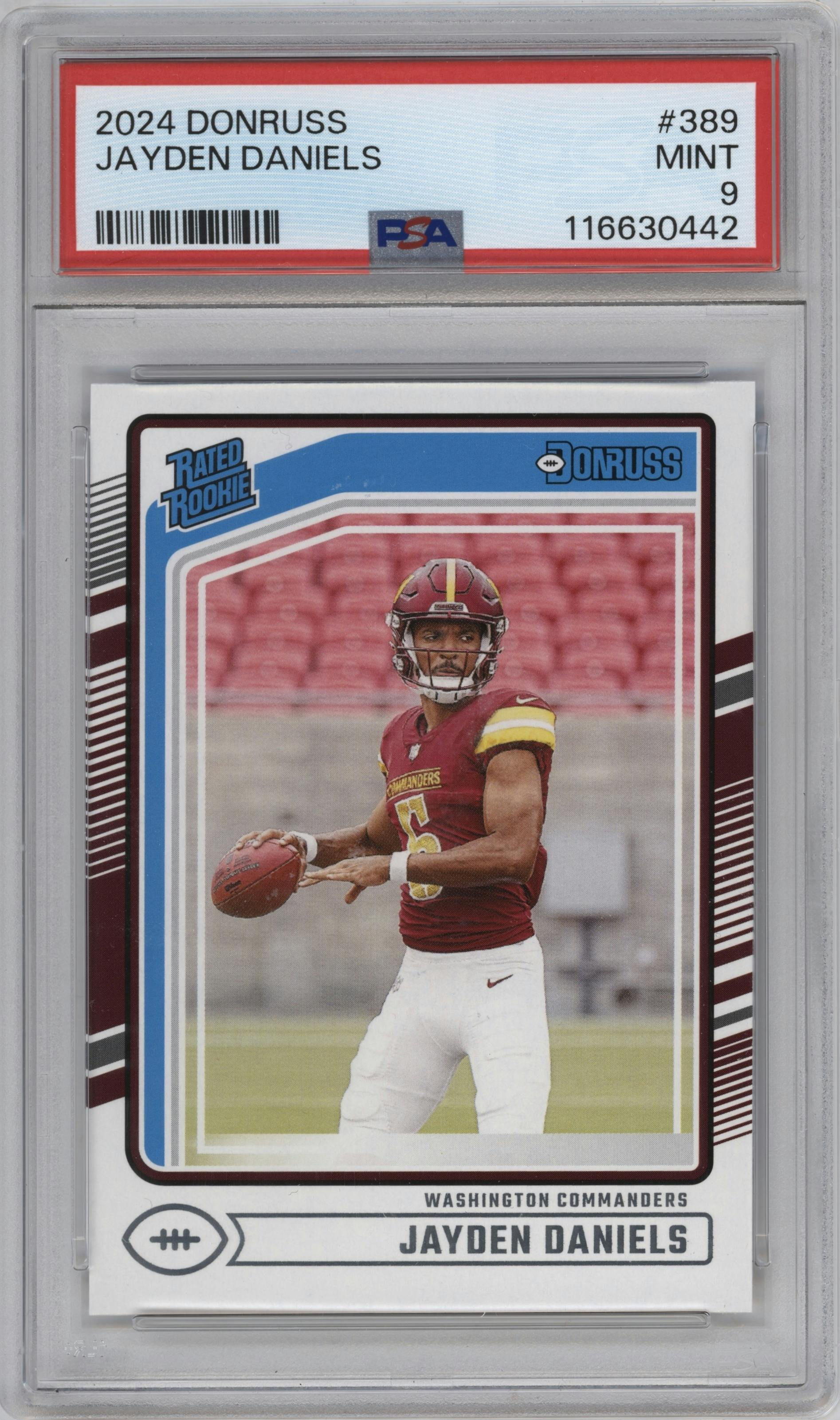 Jayden Daniels from the 2024 Donruss set graded by PSA and given an overall grade of 9.