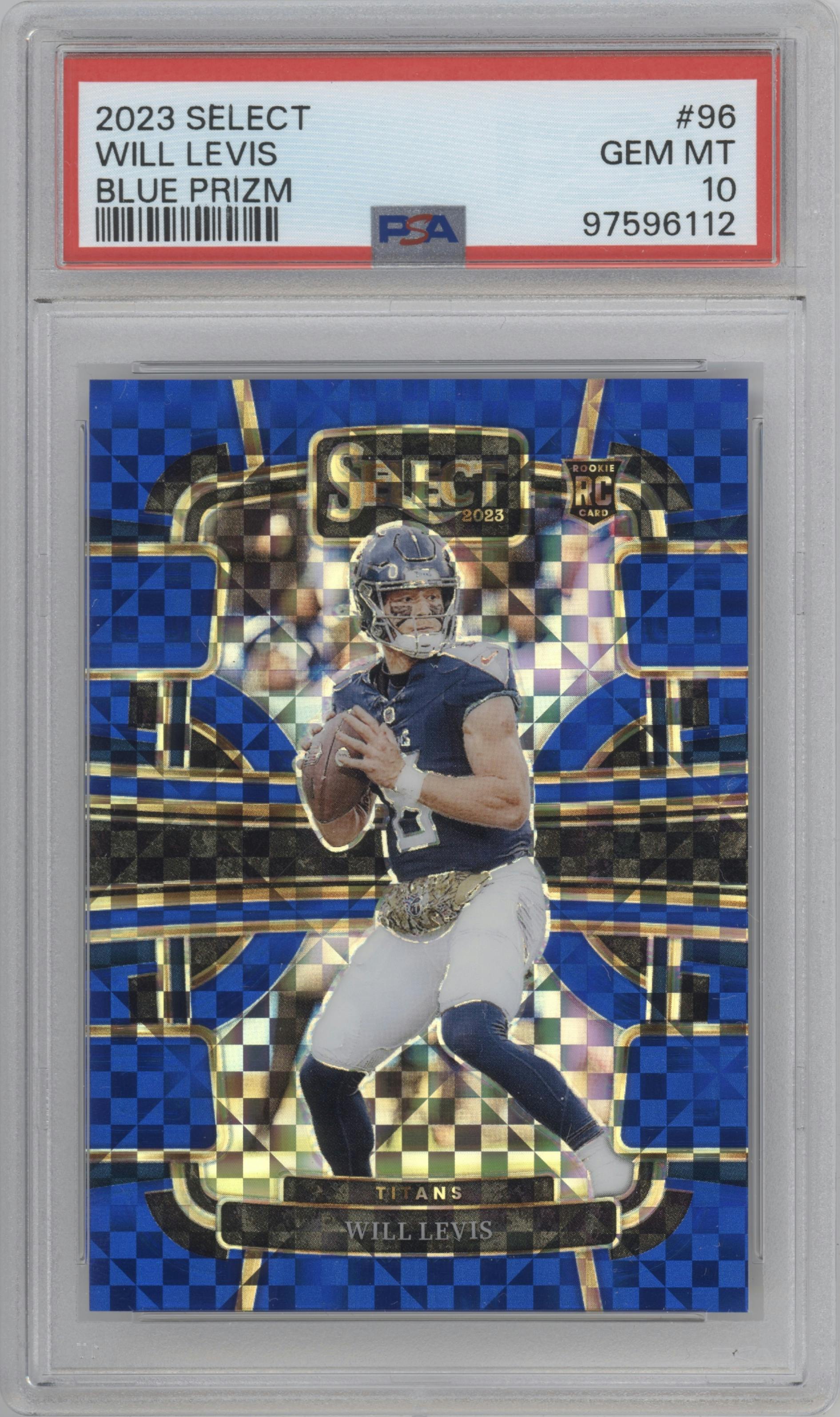 Will Levis from the 2023 Panini Select set featuring a  Blue Prizm parallel graded by PSA and given an overall grade of 10.
