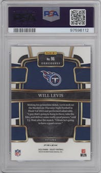 Will Levis from the 2023 Panini Select set featuring a  Blue Prizm parallel graded by PSA and given an overall grade of 10.