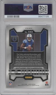 Anthony Richardson from the 2023 Panini Prizm set featuring a Silver Prizm parallel graded by PSA and given an overall grade of 10.
