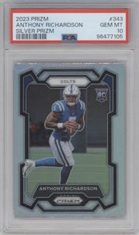 Anthony Richardson from the 2023 Panini Prizm set featuring a Silver Prizm parallel graded by PSA and given an overall grade of 10.