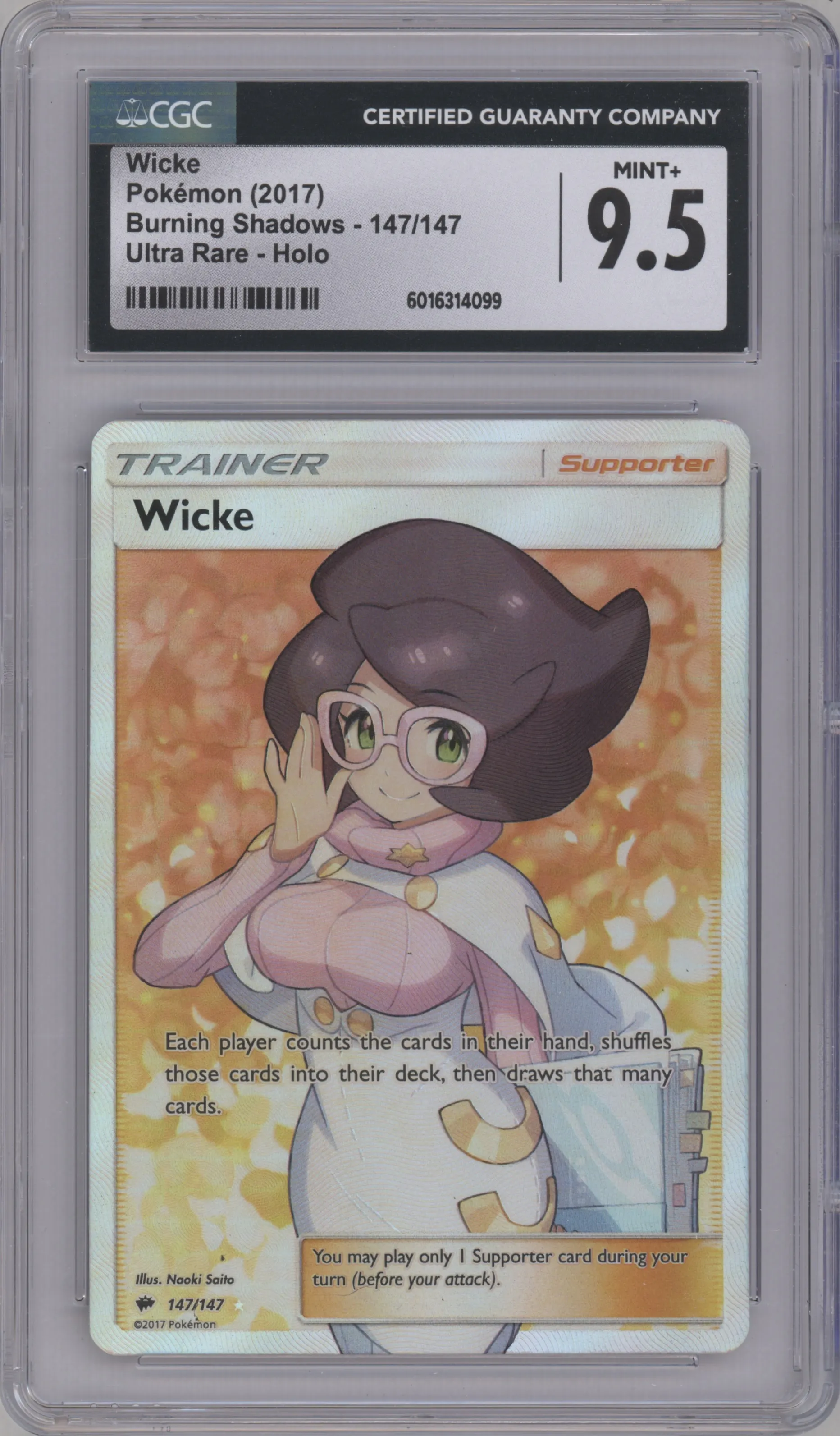 Wicke from the 2017 Pokemon S&M set graded by CSG and given an overall grade of 9.5.