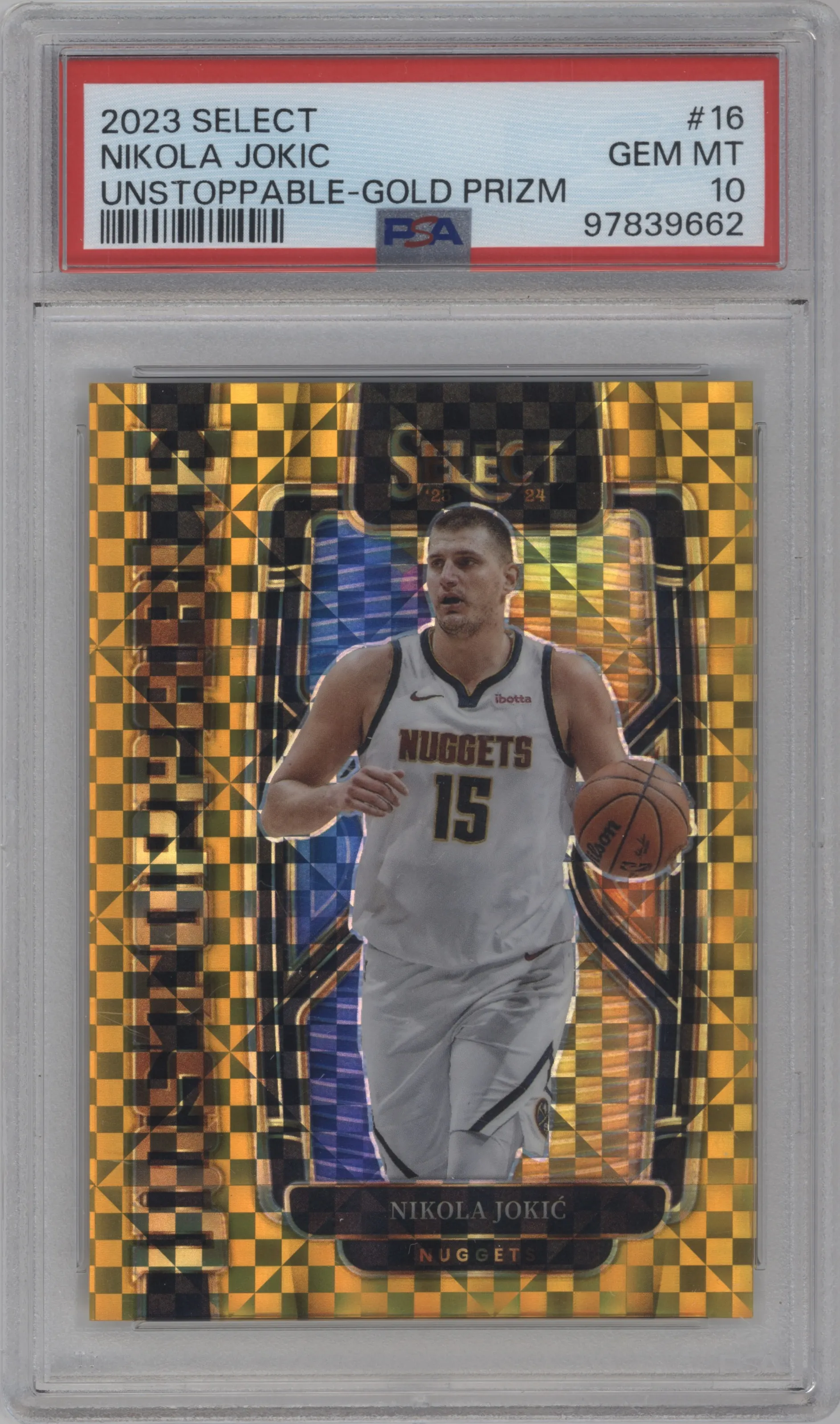 2023 Panini Select Unstoppable Nikola Jokic Gold Prizm #16 PSA 10