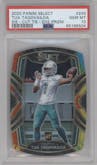 Tua Tagovailoa from the 2020 Panini Select set featuring a  Die-Cut Tie-Dye parallel graded by PSA and given an overall grade of 10.