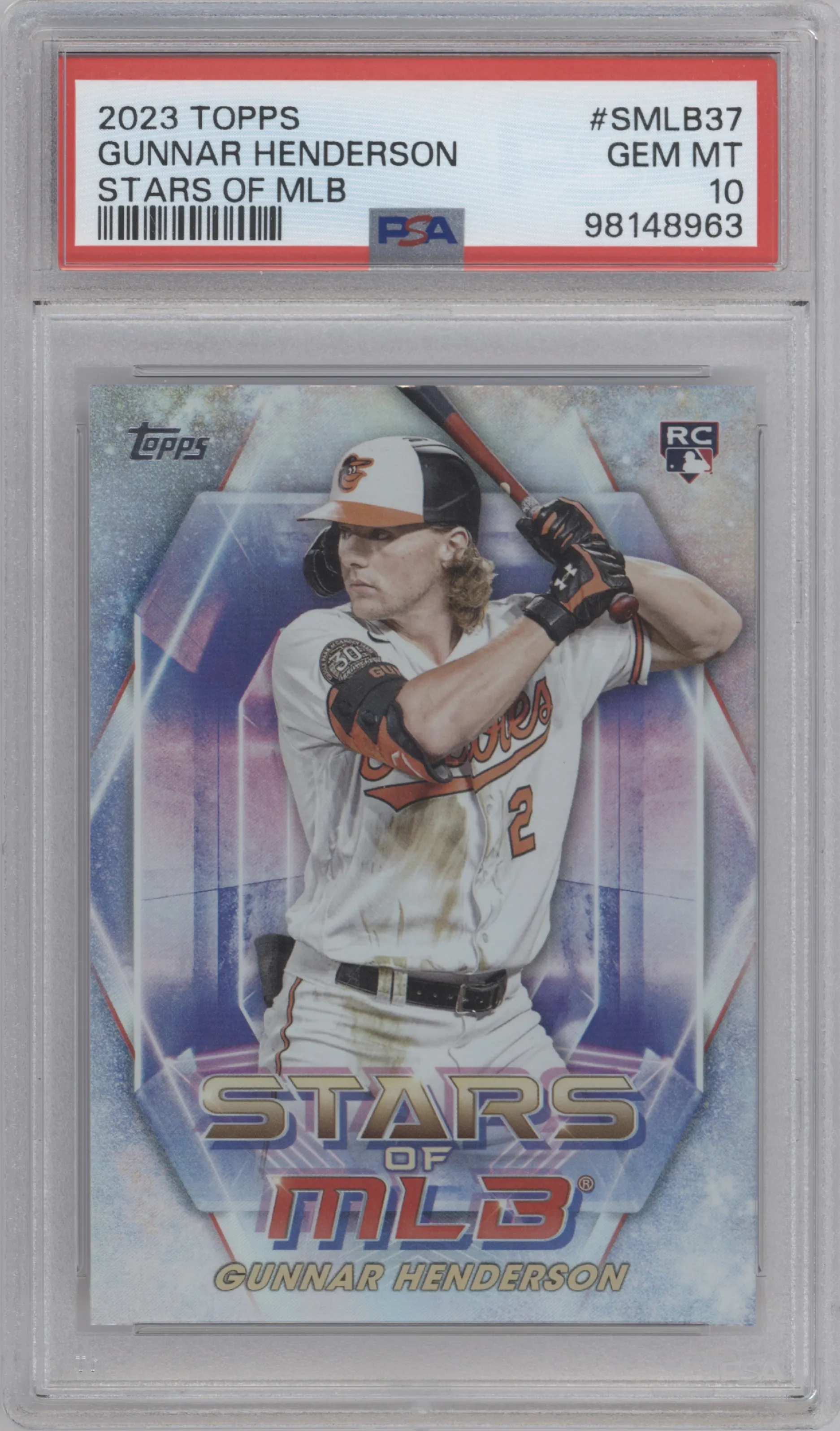 Gunnar Henderson from the 2023 Topps Series 2 set graded by PSA and given an overall grade of 10.