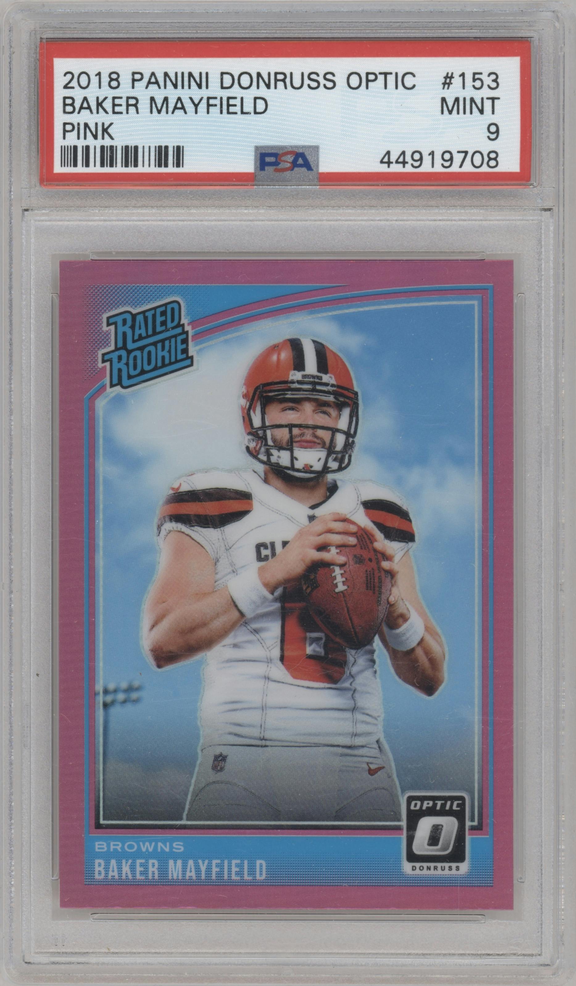 Baker Mayfield from the 2018 Panini Donruss Optic set featuring a Pink  parallel graded by PSA and given an overall grade of 9.