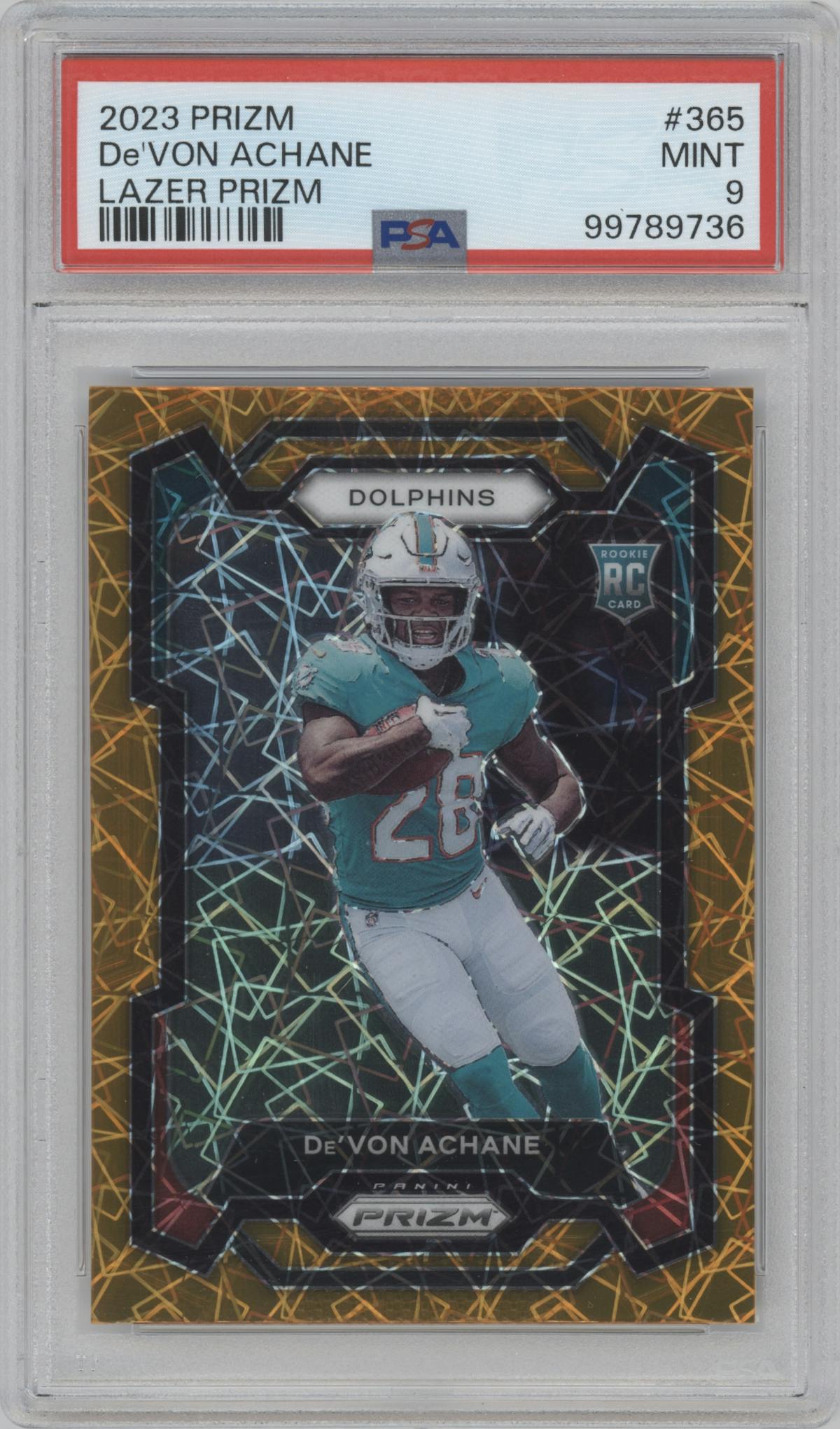 De'Von Achane from the 2023 Panini Prizm set featuring a Lazer parallel graded by PSA and given an overall grade of 9.