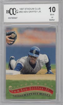 Ken Griffey Jr. from the 1997 Topps Stadium Club set graded by Beckett and given an overall grade of 10.