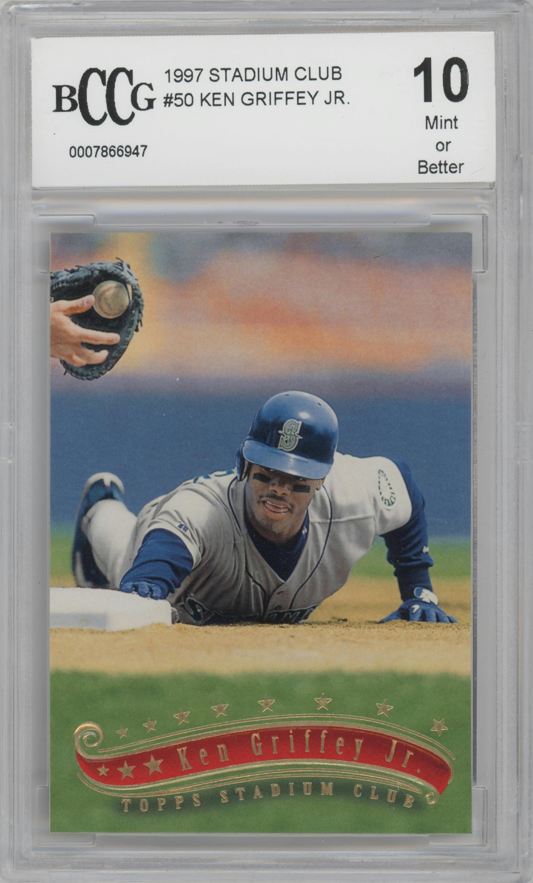 Ken Griffey Jr. from the 1997 Topps Stadium Club set graded by Beckett and given an overall grade of 10.