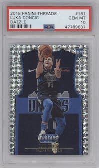 Luka Doncic from the 2018-19 Panini Threads  set featuring a Dazzle parallel graded by PSA and given an overall grade of 10.