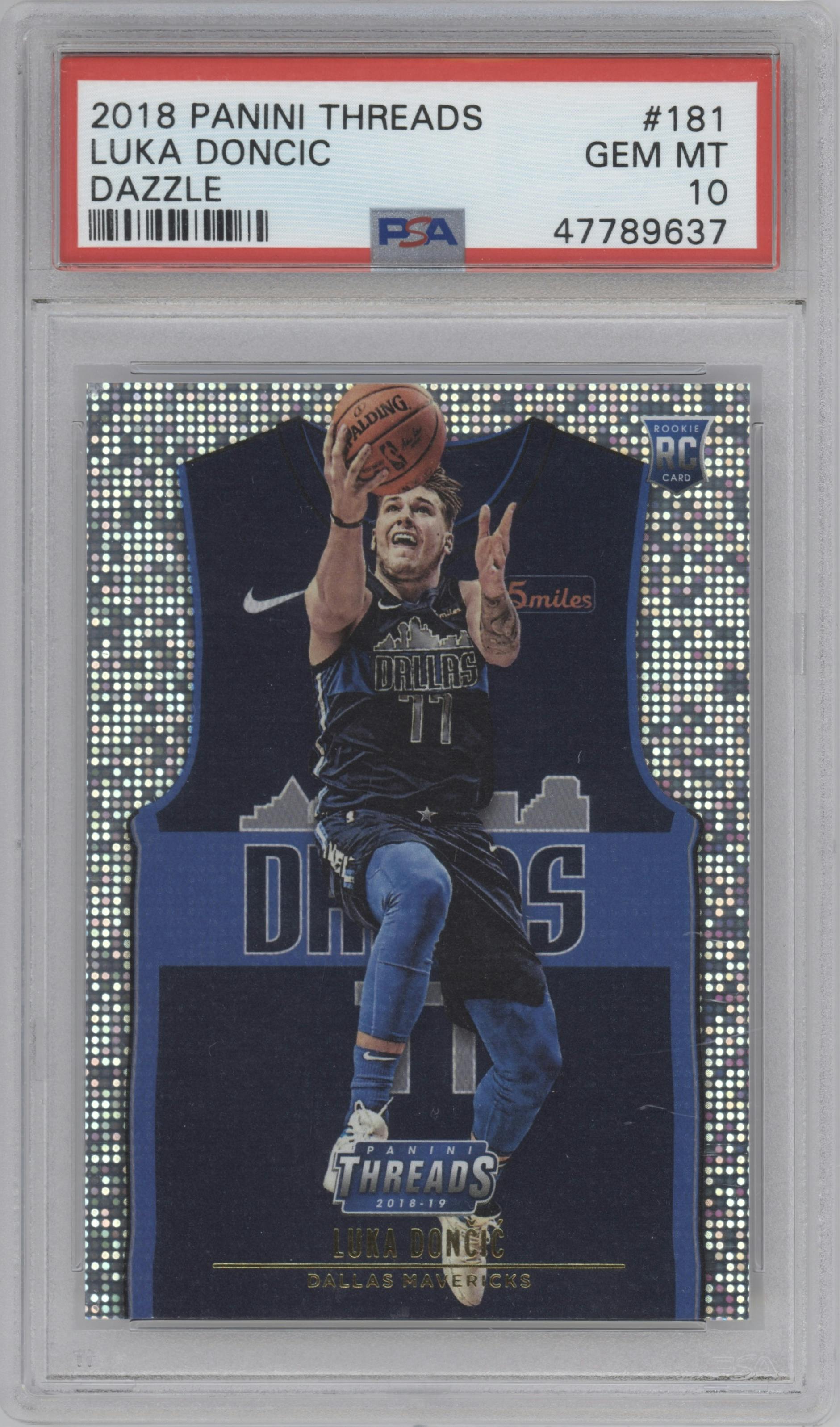 Luka Doncic from the 2018-19 Panini Threads  set featuring a Dazzle parallel graded by PSA and given an overall grade of 10.