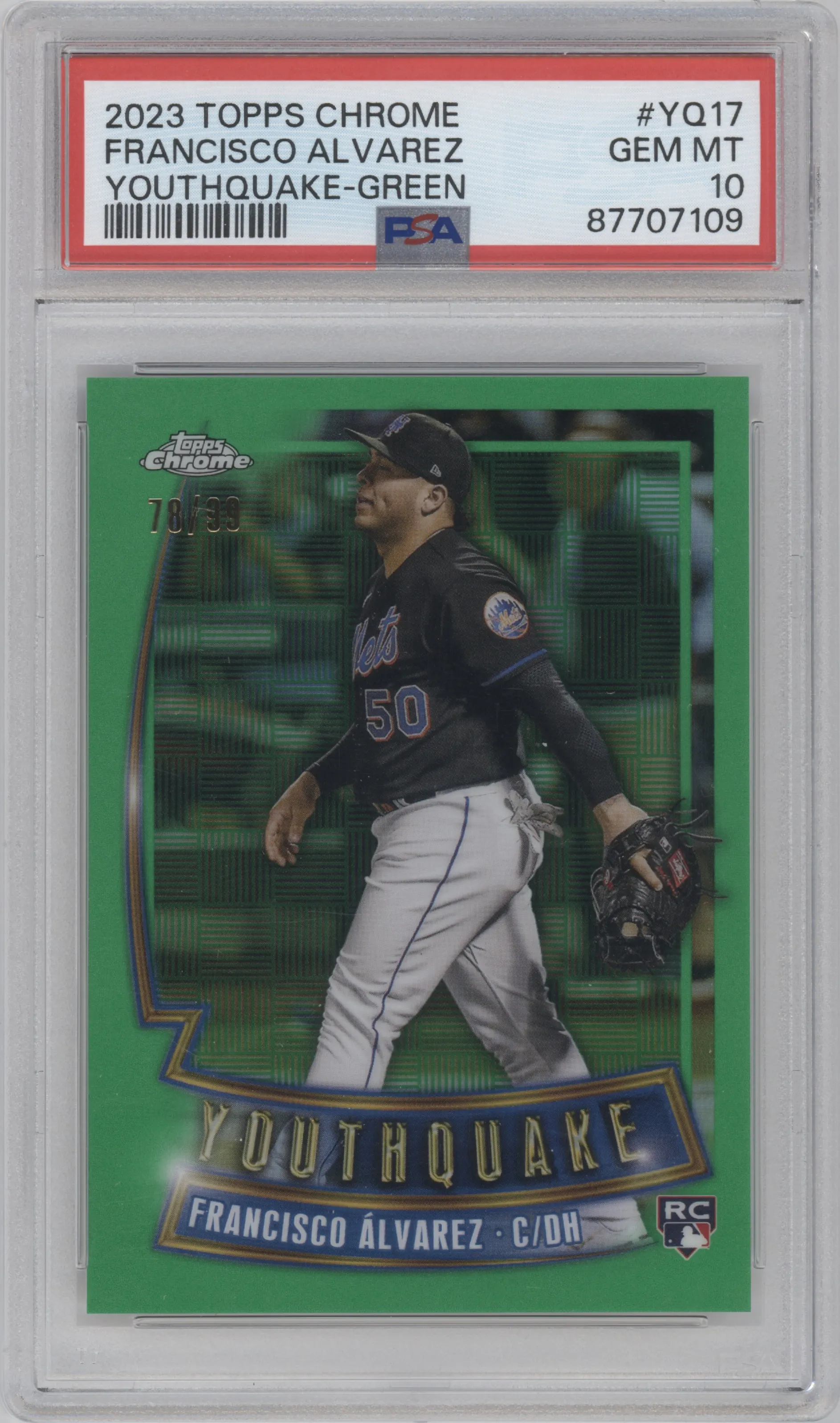 Francisco Alvarez  from the 2023 Topps Chrome set featuring a Green Refractor parallel graded by PSA and given an overall grade of 10.