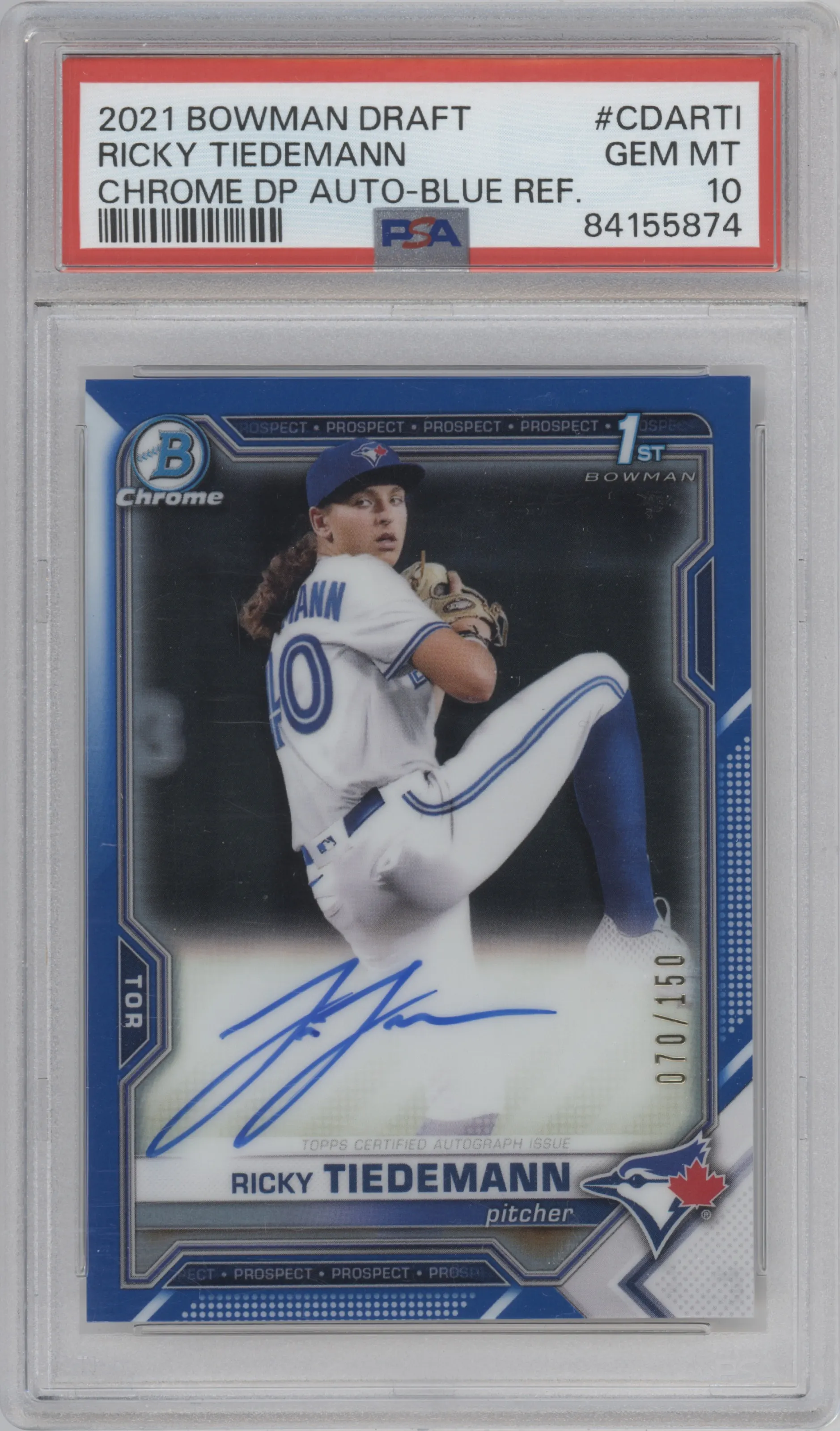 Ricky Tiedemann from the 2021 Bowman Draft set featuring a Blue Refractor parallel graded by PSA and given an overall grade of 10.