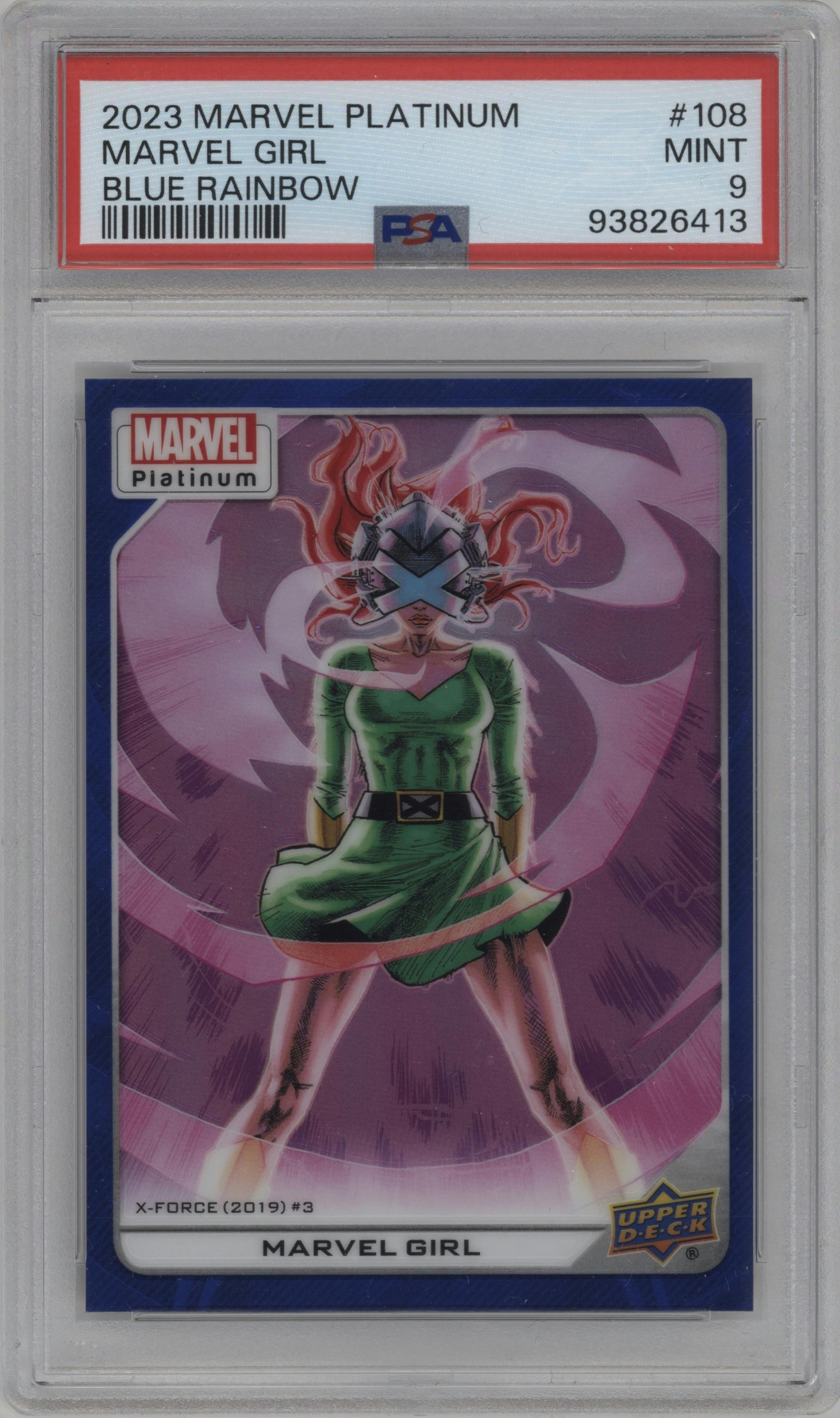 Marvel Girl from the 2023 Upper Deck Marvel Platinum set featuring a Blue Rainbow parallel graded by PSA and given an overall grade of 9.
