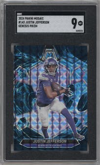 Justin Jefferson from the 2024 Panini Mosaic set featuring a Genesis parallel graded by SGC and given an overall grade of 9.